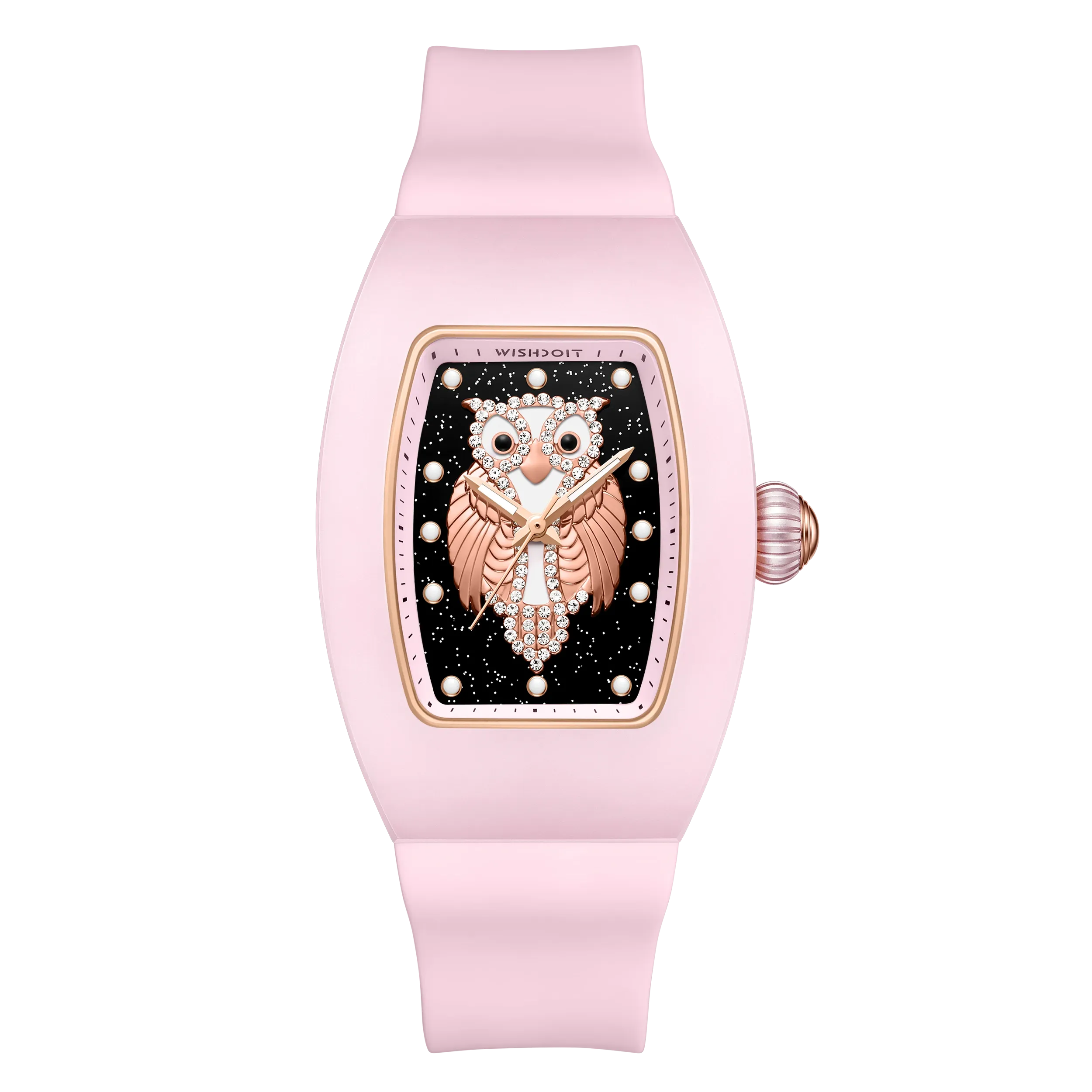 Wishdoit Watches Tonneau Affordable Best Women Chronograph l Owl Women's Ceramic Watches|Starry Dial| Fluorine Rubber Watch Strap lPink (Pink Strap)