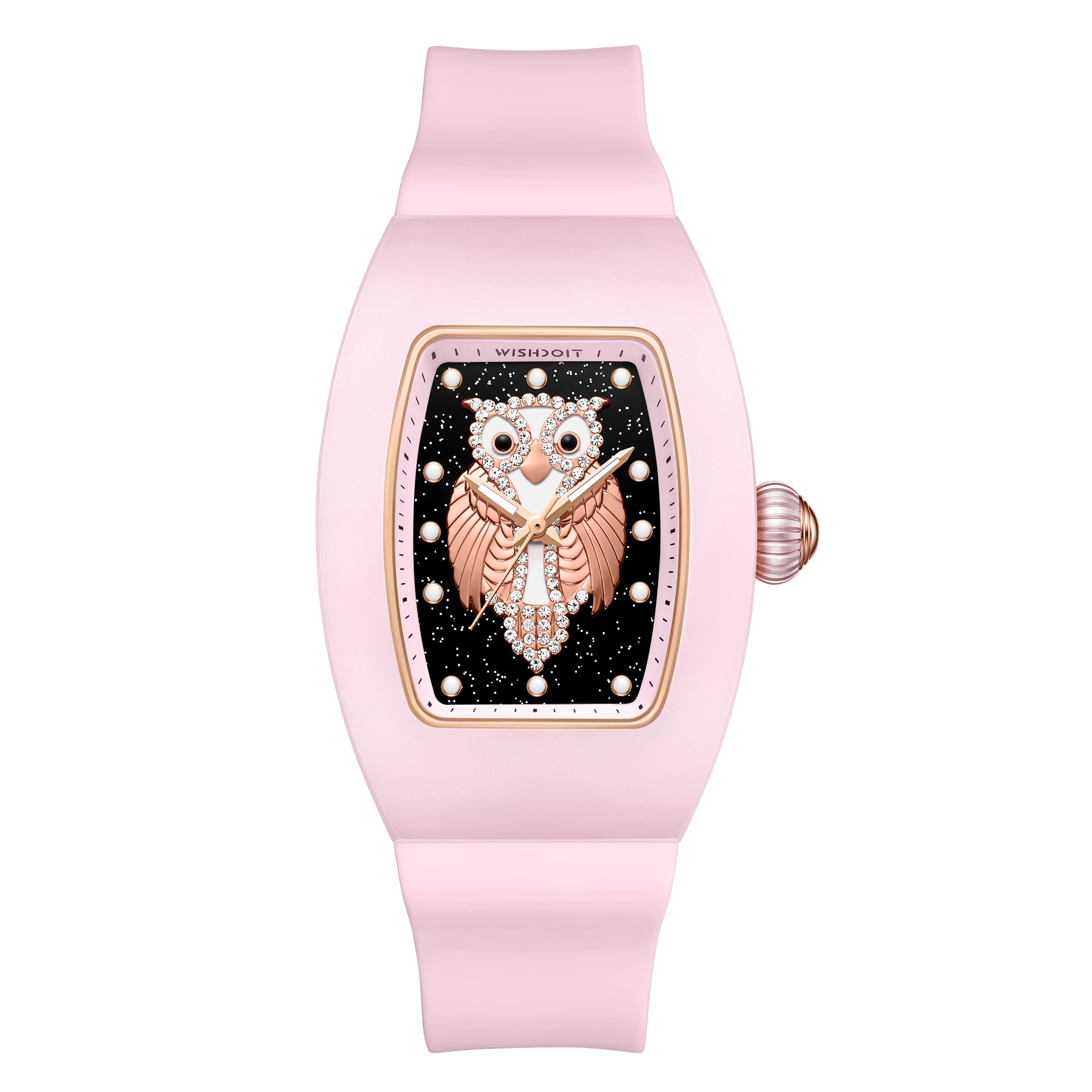 Wishdoit Watches Tonneau Affordable Best Women Chronograph l Owl Women's Ceramic Watches|Starry Dial| Fluorine Rubber Watch Strap lPink (Pink Strap)