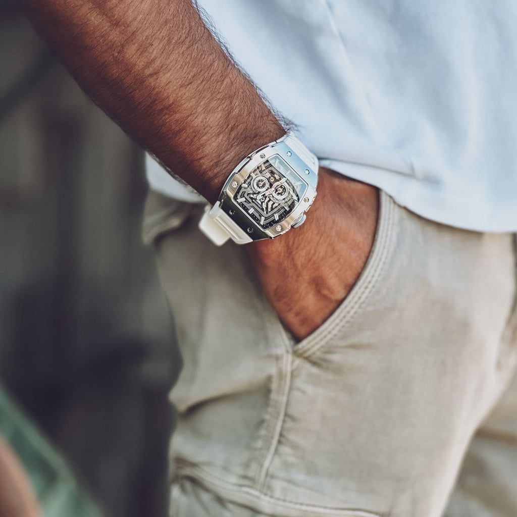 Wishdoit Watches Tonneau Affordable Best Mens Mechanical Full Speed Watch | Fluorine Rubber Watch Strap|Silvery(White Strap)