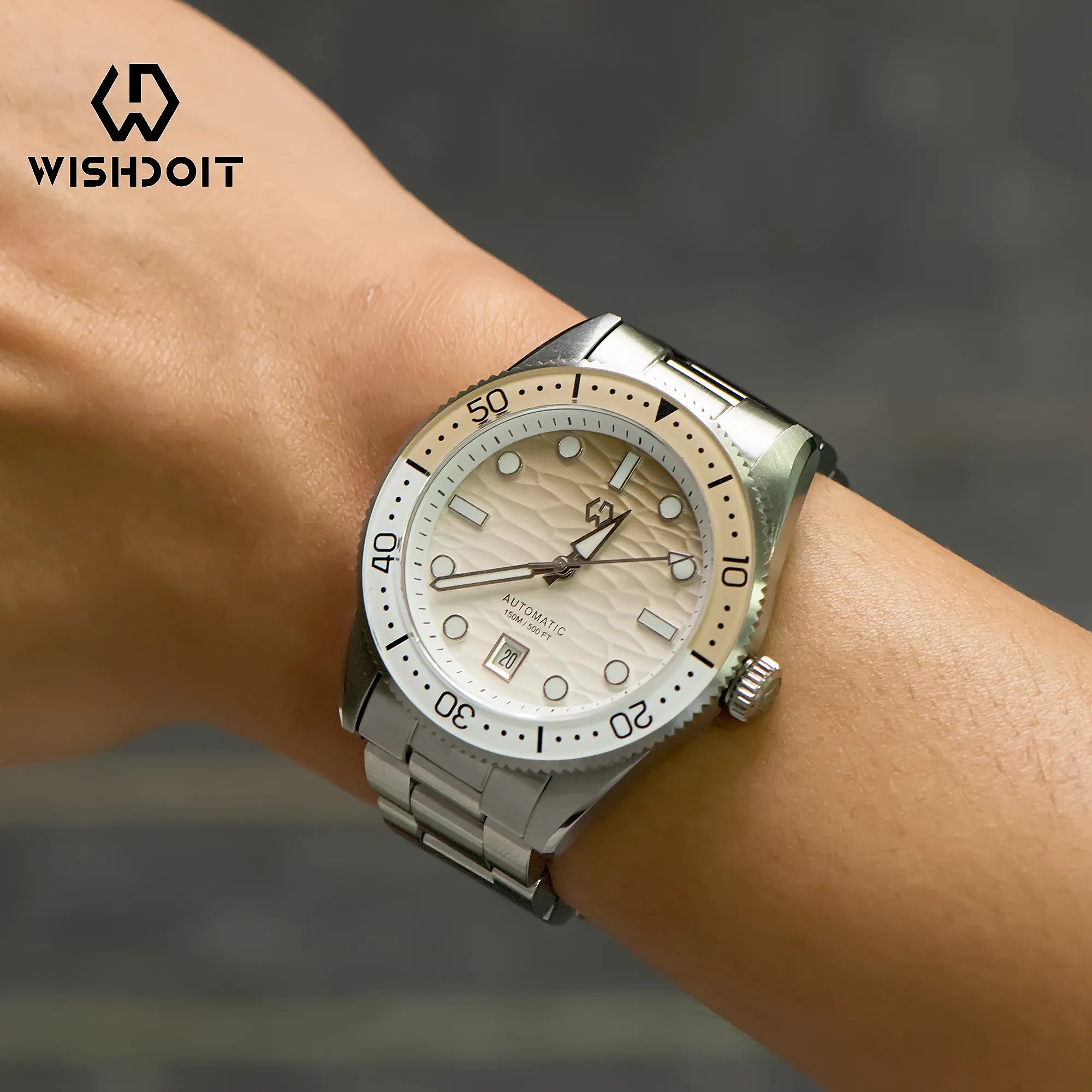 Wishdoit Watches Round Affordable tidewave Automatic diver watch with gradient wave | 316L Stainless Steel|earthy gary