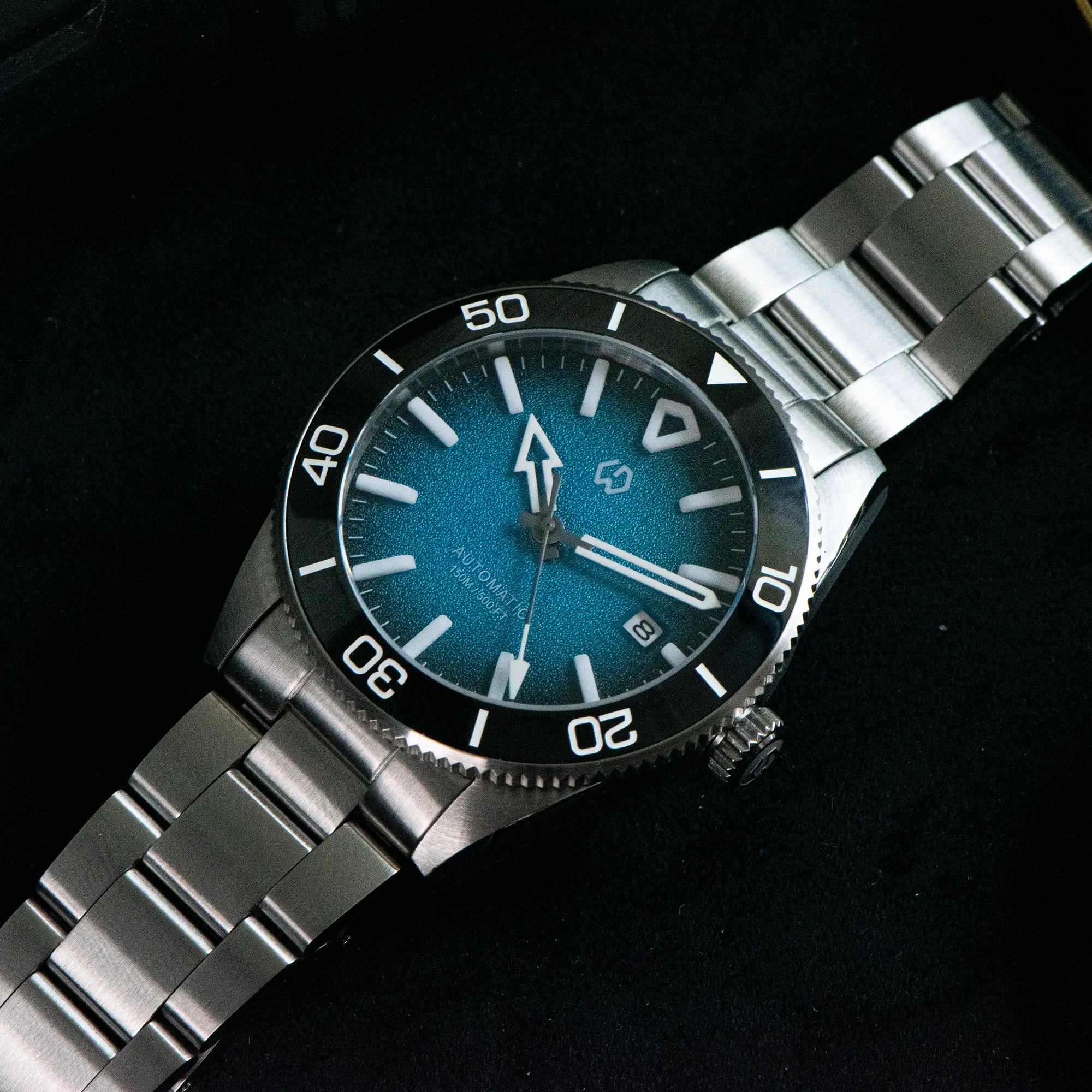 Wishdoit Watches Round Affordable aqua storm Automatic diver watch with 3D luminous needles ceramic bezel |316L Stainless Steel|light blue