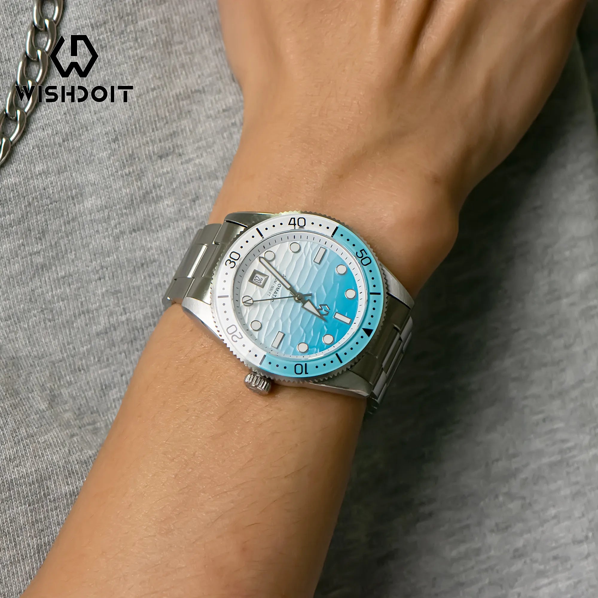 Wishdoit Watches Round Affordable tidewave Automatic diver watch with gradient wave | 316L Stainless Steel|blue