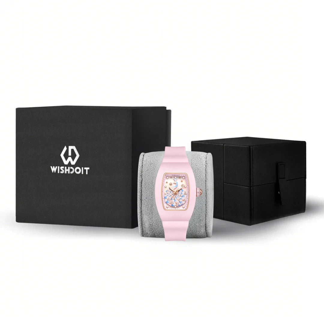 Wishdoit Watches Tonneau Affordable Best Women Chronograph l Peacock Plume Women's Watch| Fluorine Rubber Watch Strap lPink (Pink Strap)