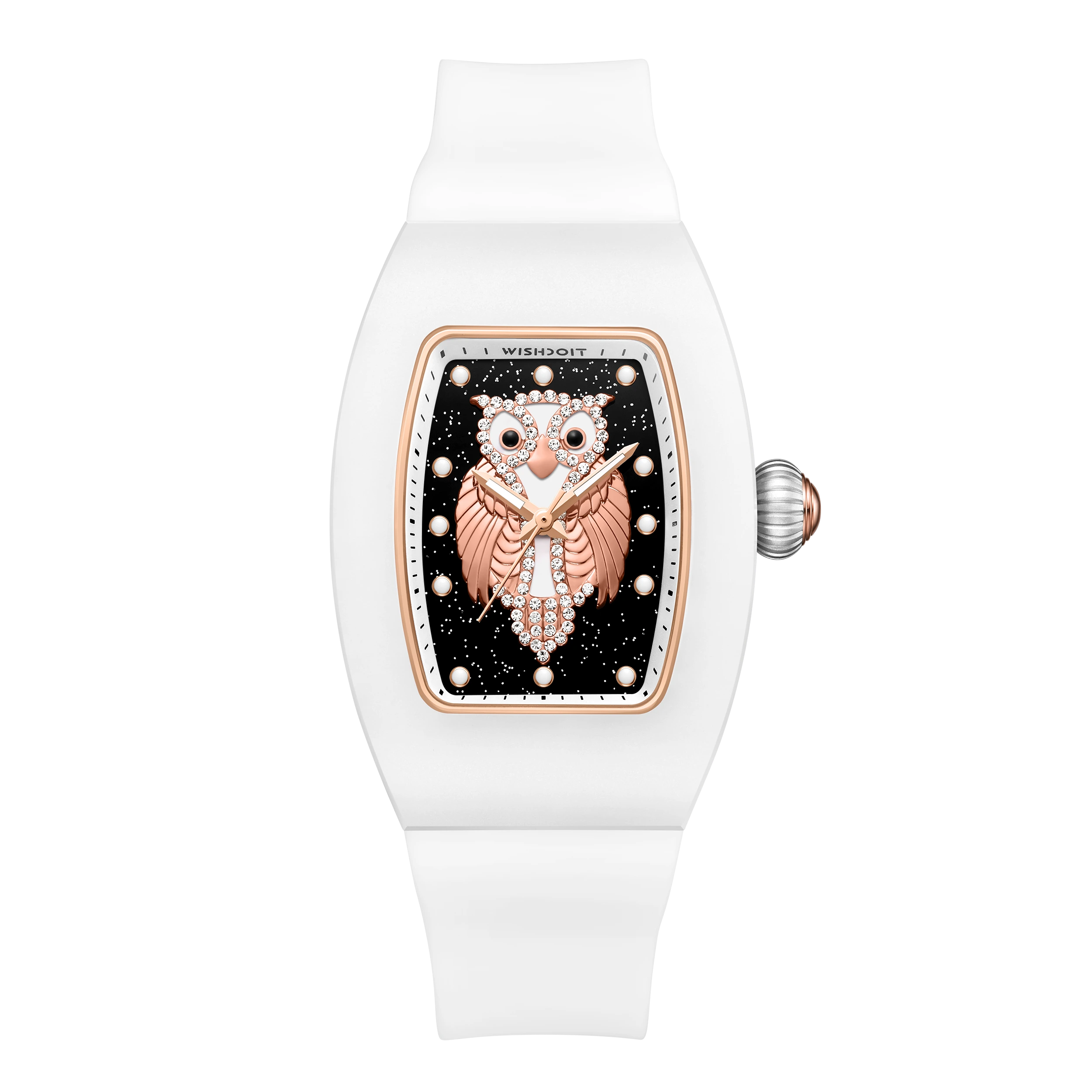 Wishdoit Watches Tonneau Affordable Best Women Chronograph l Owl Women's Ceramic Watches|Starry Dial|Fluorine Rubber Watch StraplWhite (White Strap)