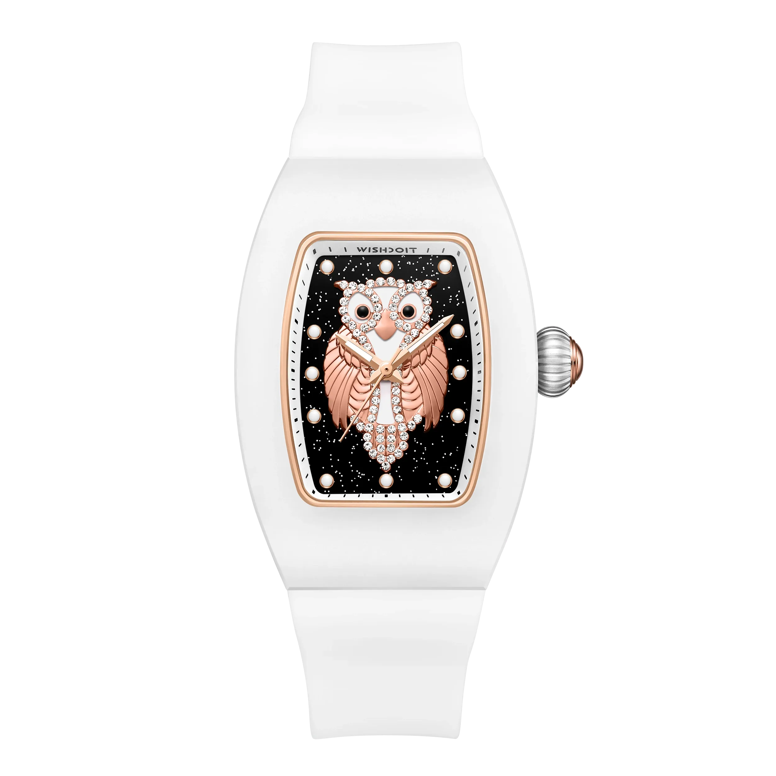 Wishdoit Watches Tonneau Affordable Best Women Chronograph l Owl Women's Ceramic Watches|Starry Dial|Fluorine Rubber Watch StraplWhite (White Strap)