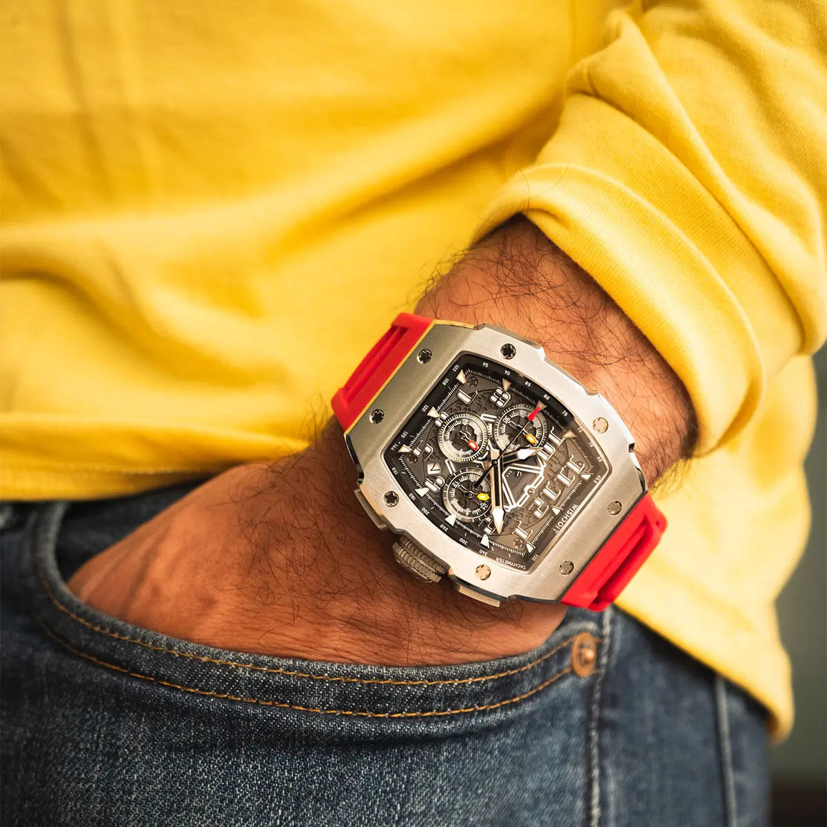 Wishdoit Watches Tonneau Affordable Best Mens Chronograph GT Racing Watch| Fluorine Rubber Watch Strap|Silvery(Red Strap)