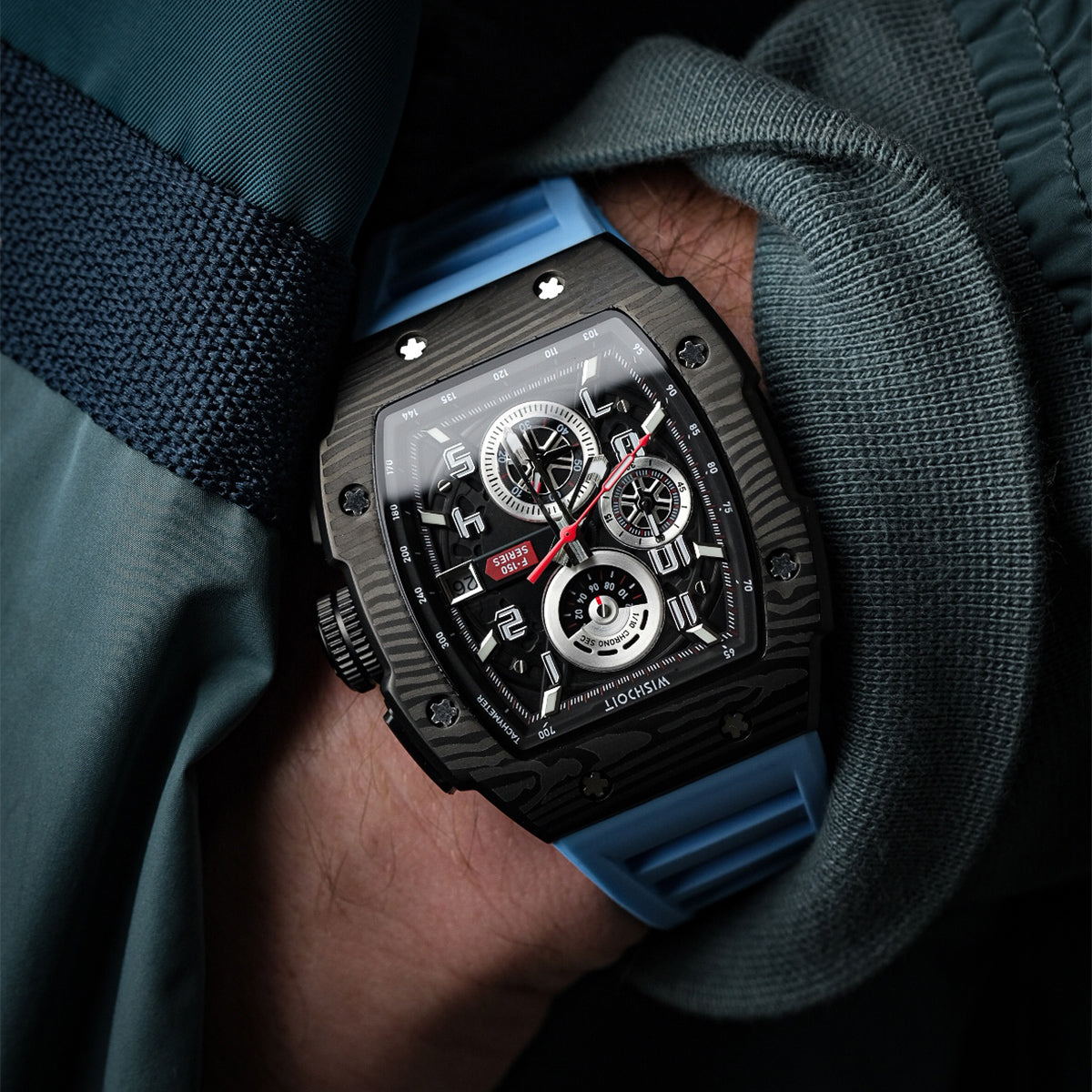 Wishdoit Watches Tonneau Affordable Best Mens Chronograph F-150 Racing Watch | Fluorine Rubber Watch Strap|Black (Light Blue Strap)