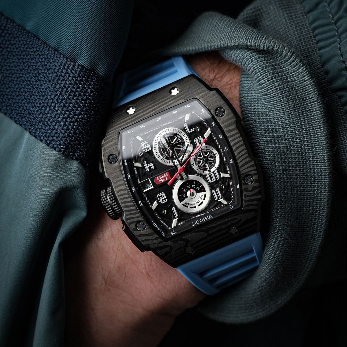 Wishdoit Watches Tonneau Affordable Best Mens Chronograph F-150 Racing Watch | Fluorine Rubber Watch Strap|Black (Light Blue Strap)