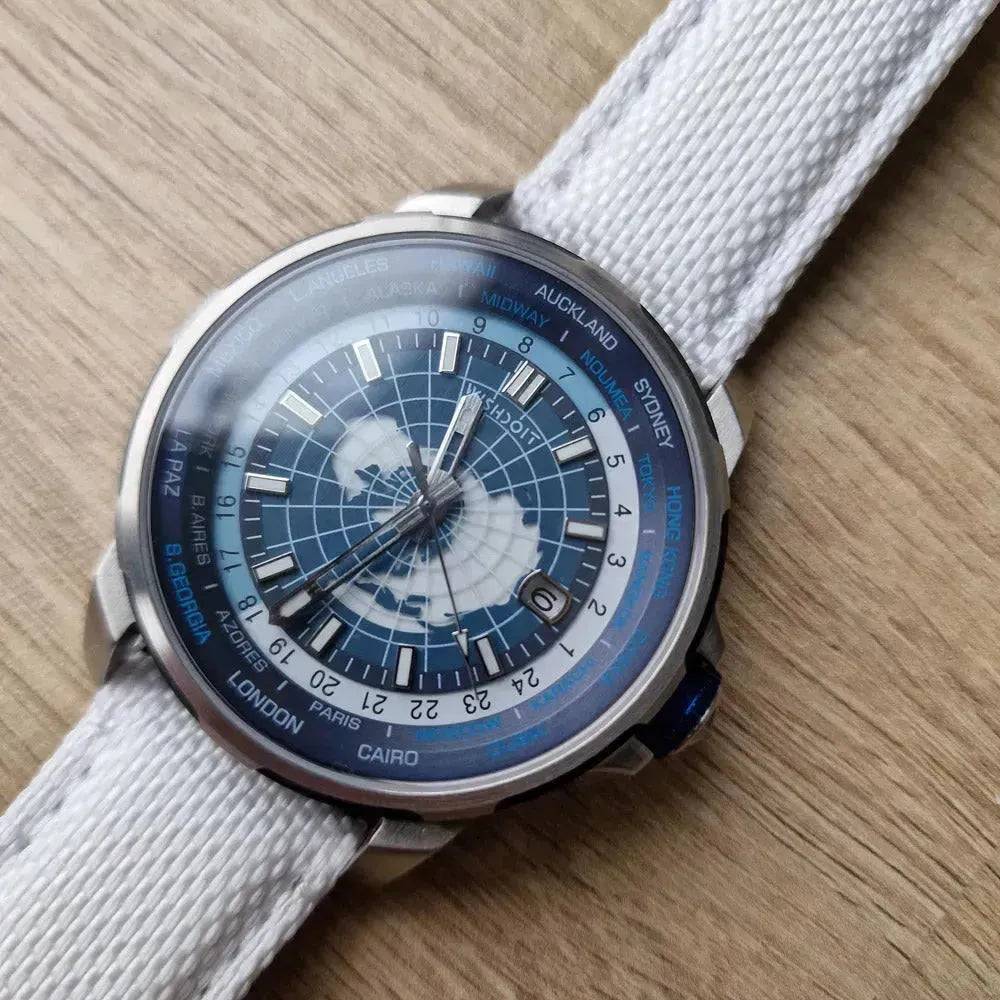 Wishdoit Watches Round Affordable Automatic Mechanical World Time GMT Sapphire Watch | Nylon Genuine Leather Watch Strap| Silvery (White Strap)