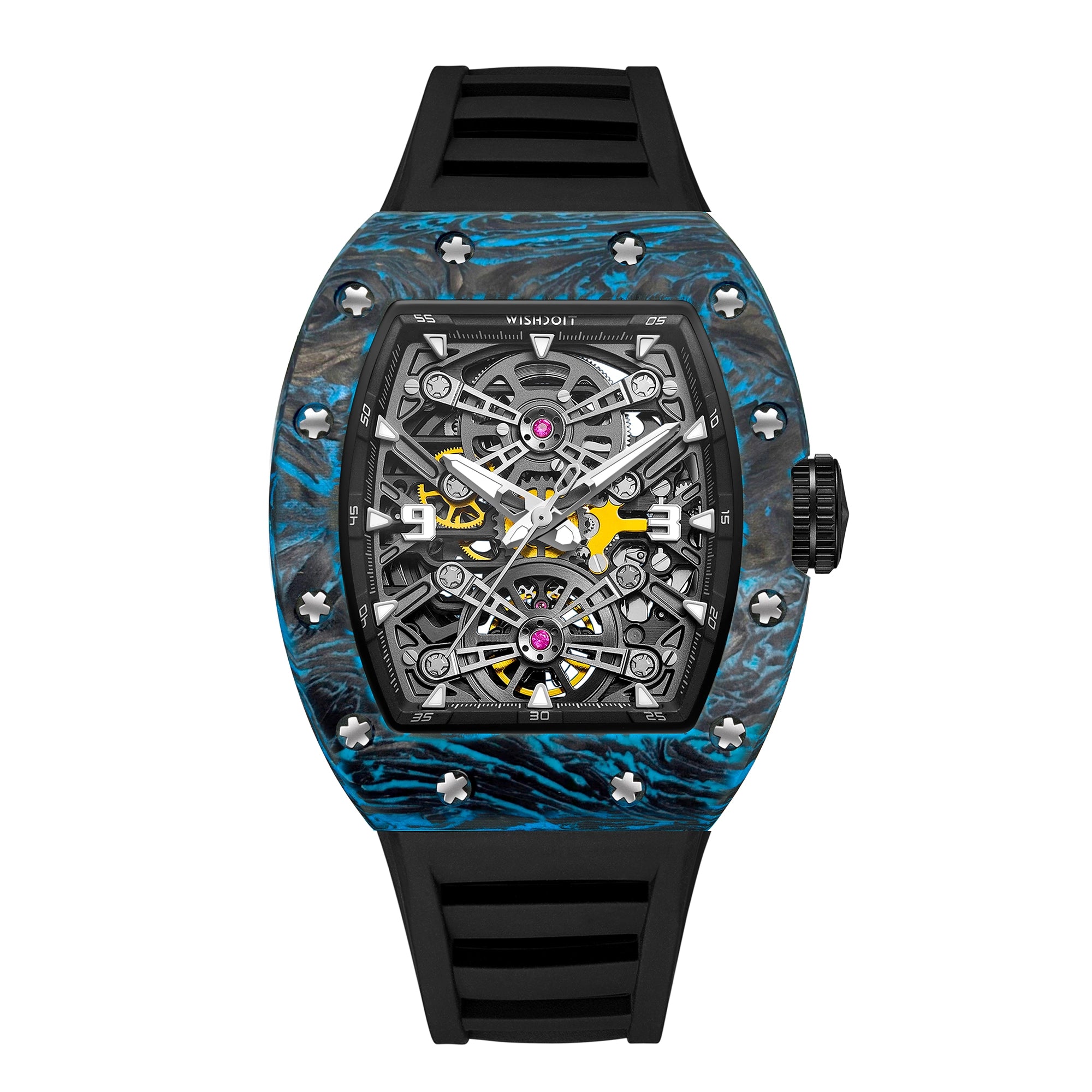 Captain Kidd Forged Carbon Lume Tonneau Skeleton Mechanical Watch Carbon Ice Blue with Black strap