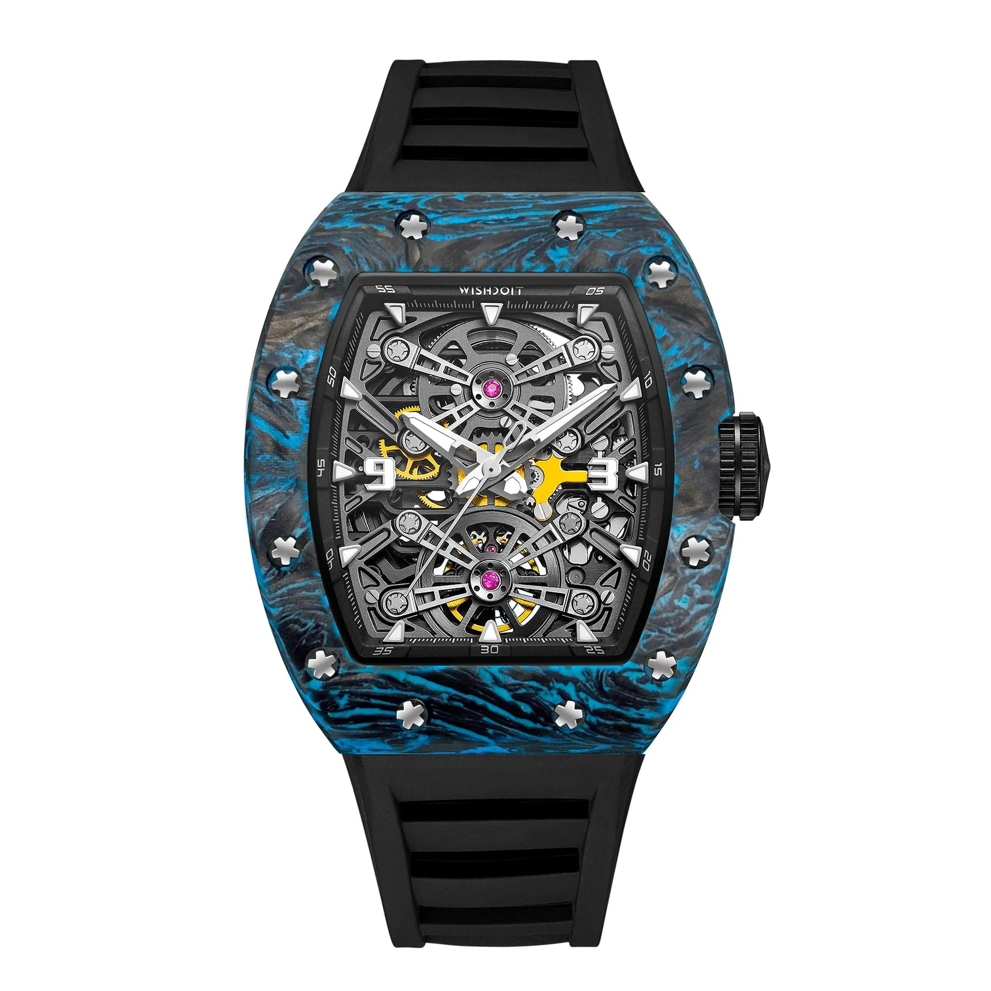 Captain Kidd Forged Carbon Lume Tonneau Skeleton Mechanical Watch Carbon Ice Blue with Black strap