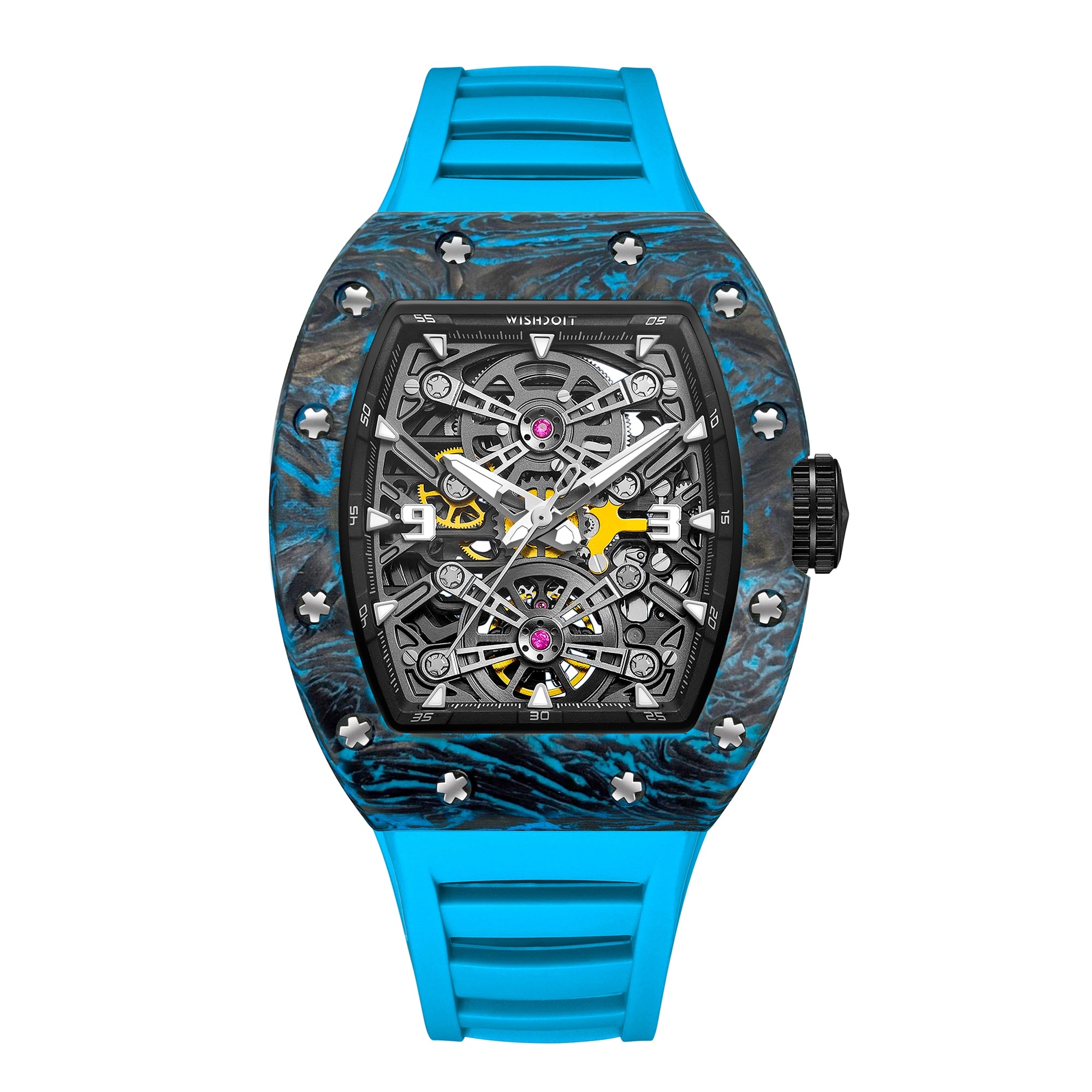Captain Kidd Forged Carbon Lume Tonneau Skeleton Mechanical Watch Carbon Ice Blue