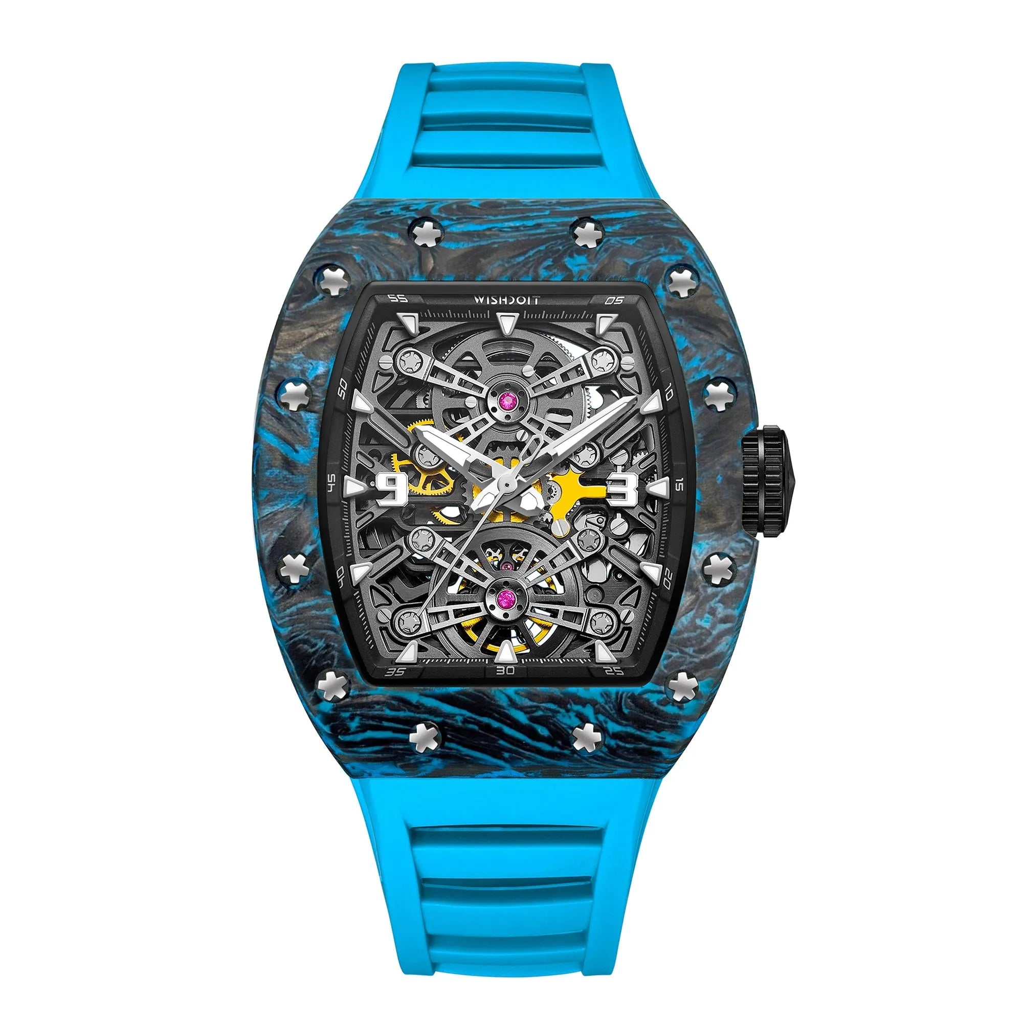 Captain Kidd Forged Carbon Lume Tonneau Skeleton Mechanical Watch Carbon Ice Blue