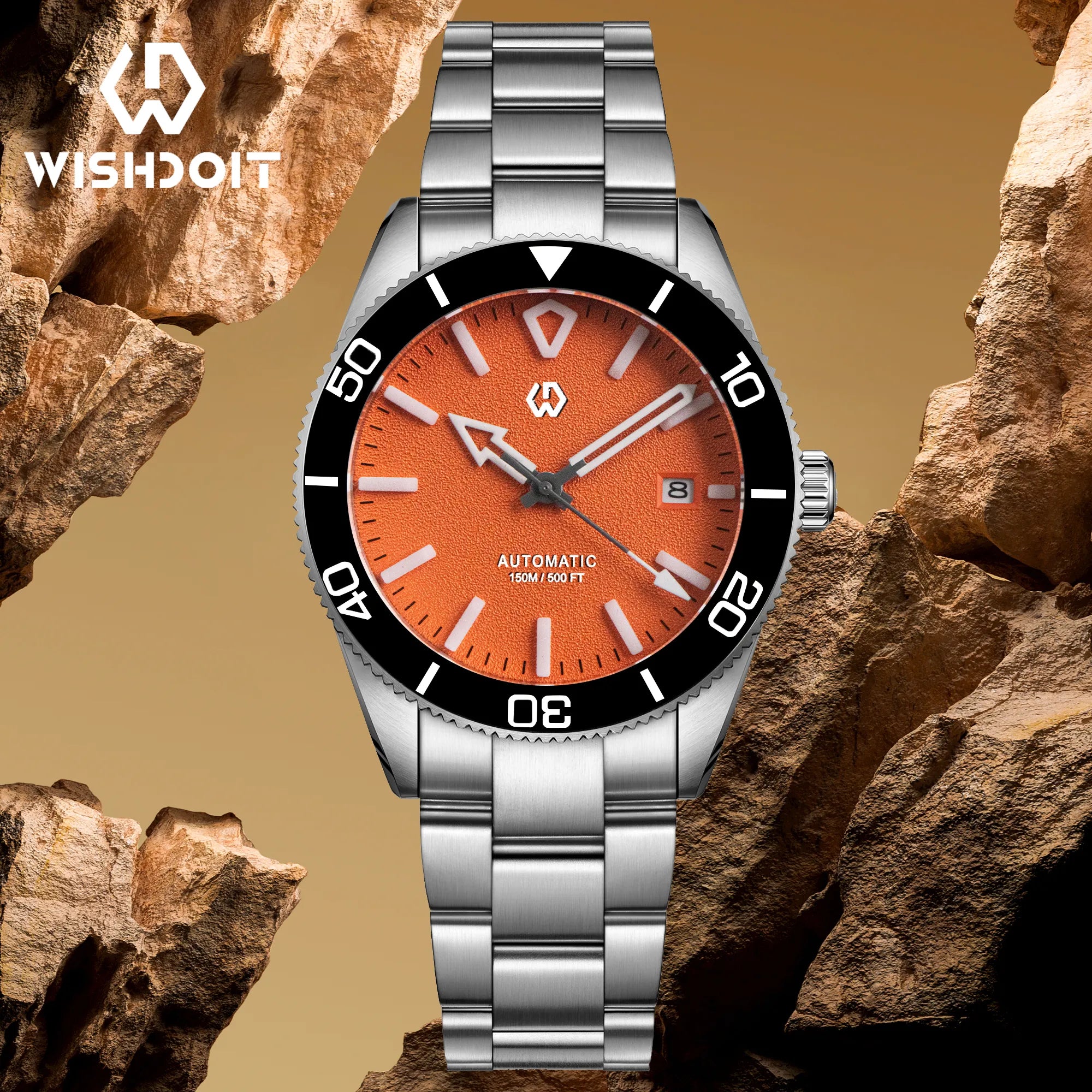 Wishdoit Watches Round Affordable aqua storm Automatic diver watch with 3D luminous needles ceramic bezel |316L Stainless Steel|orange