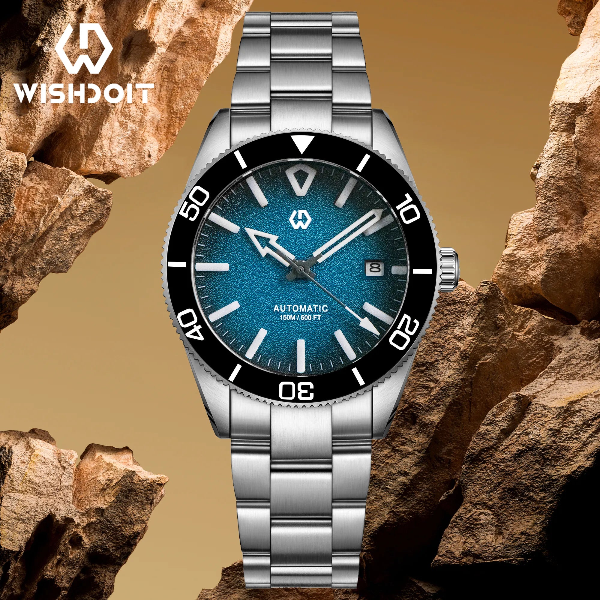 Wishdoit Watches Round Affordable aqua storm Automatic diver watch with 3D luminous needles ceramic bezel |316L Stainless Steel|light blue