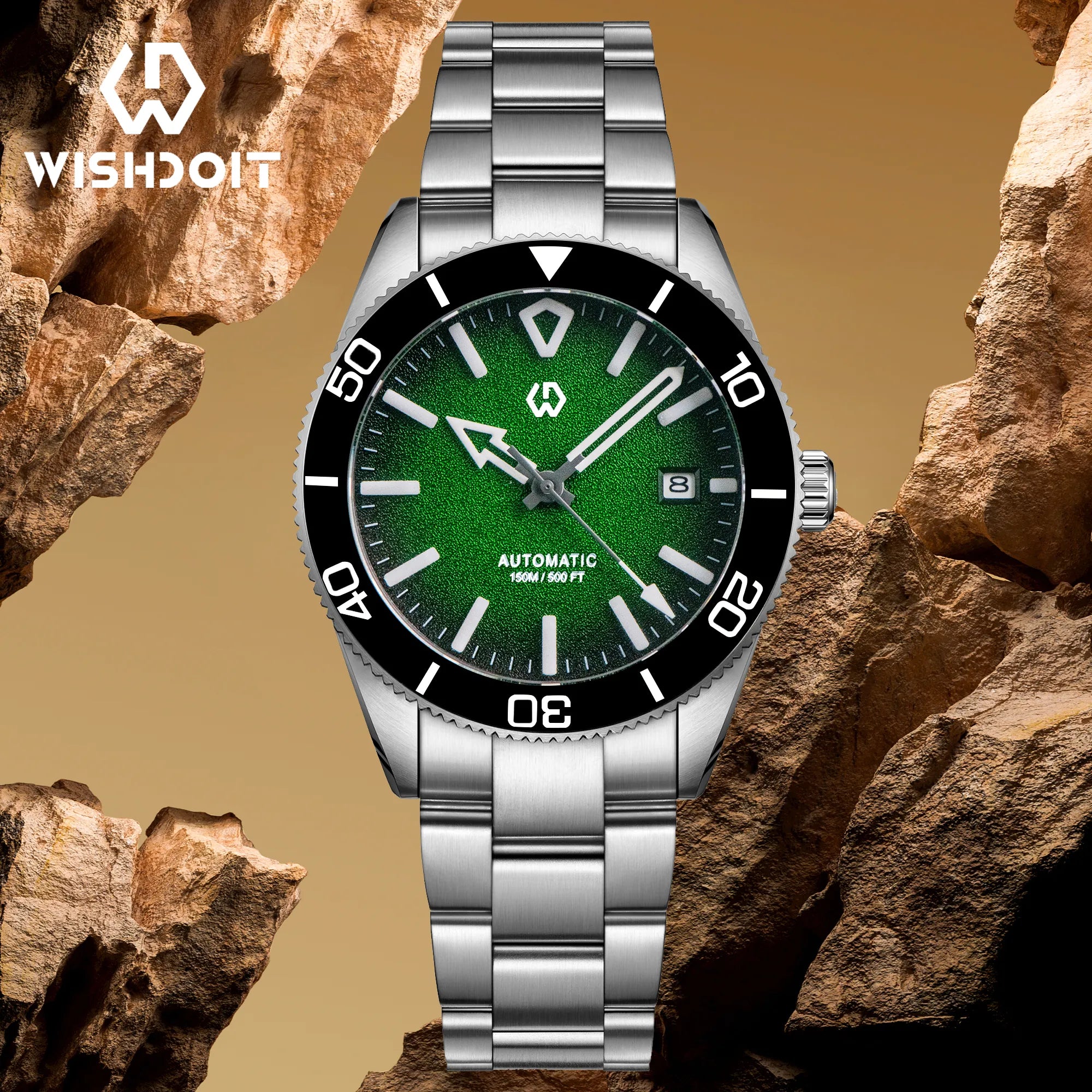 Wishdoit Watches Round Affordable aqua storm Automatic diver watch with 3D luminous needles ceramic bezel |316L Stainless Steel|green