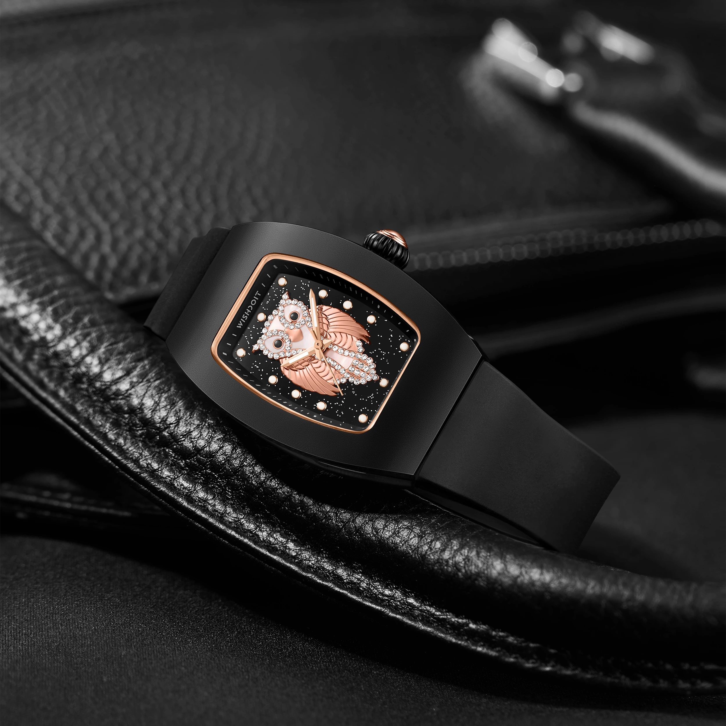 Wishdoit Watches Tonneau Affordable Best Women Chronograph l Owl Women's Ceramic Watches|Starry Dial| Fluorine Rubber Watch StraplBlack(Black Strap)