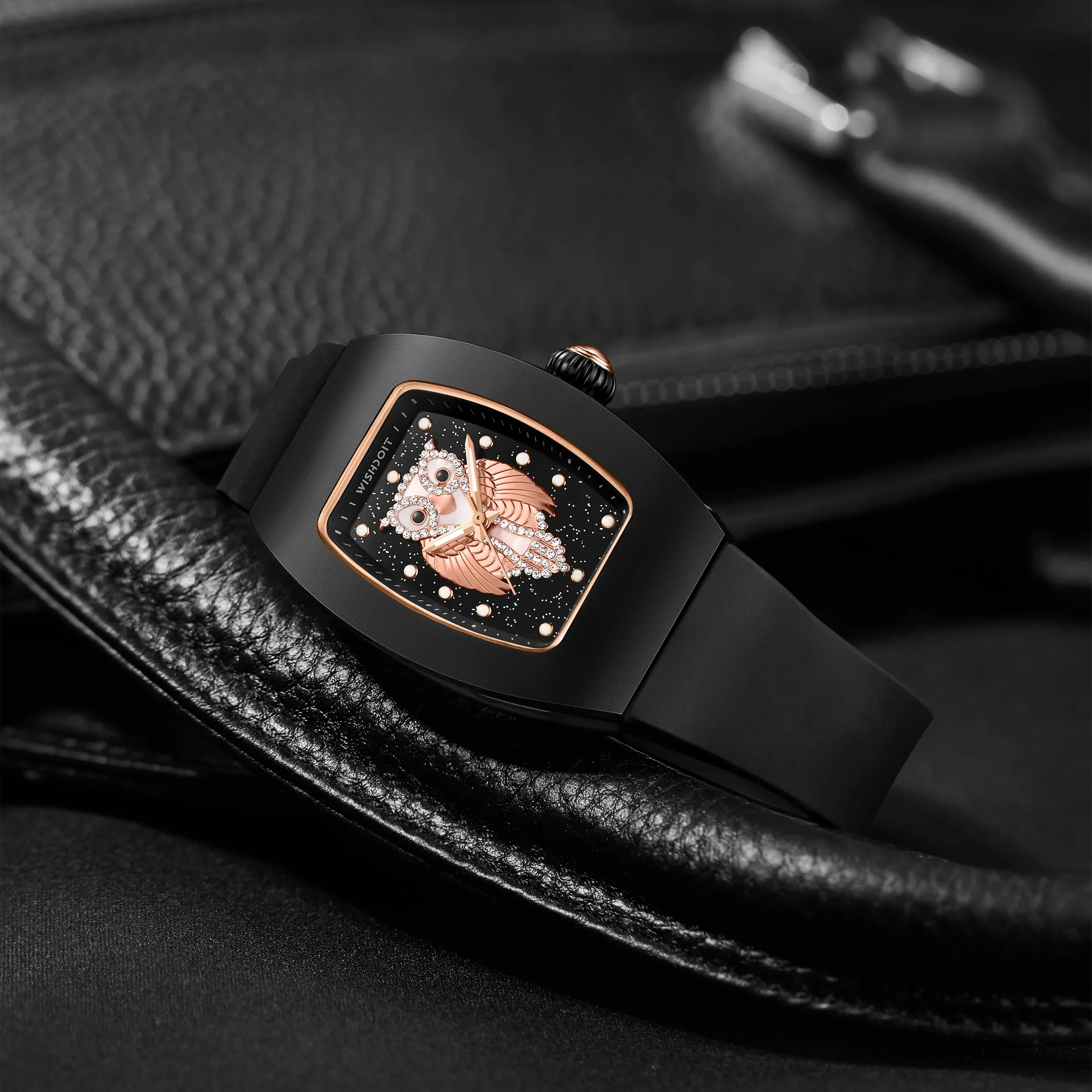 Wishdoit Watches Tonneau Affordable Best Women Chronograph l Owl Women's Ceramic Watches|Starry Dial| Fluorine Rubber Watch StraplBlack(Black Strap)