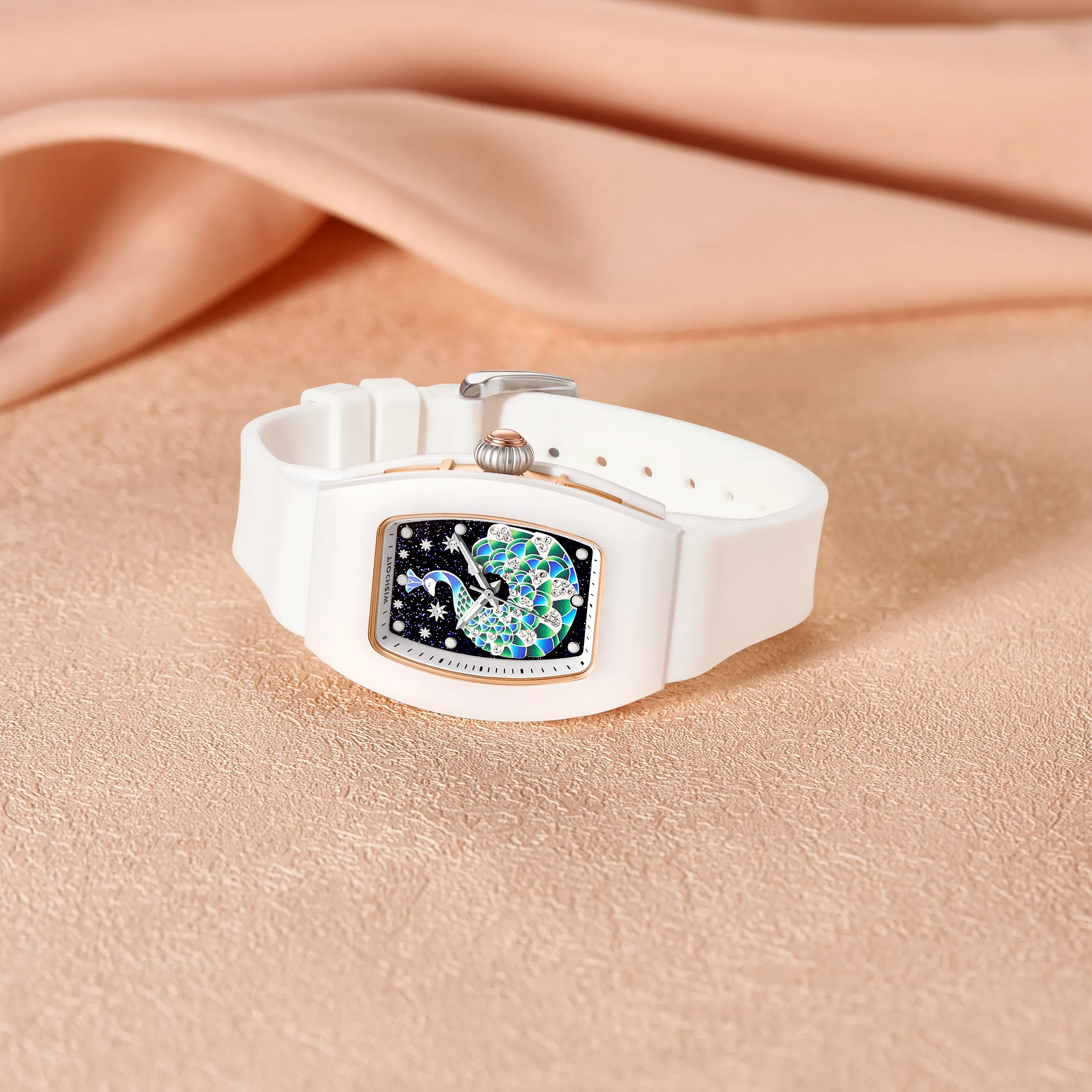 Wishdoit Watches Tonneau Affordable Best Women Chronograph l Peacock Plume Women's Watch|Starry Dial| Fluorine Rubber Watch Strap lWhite (White Strap)