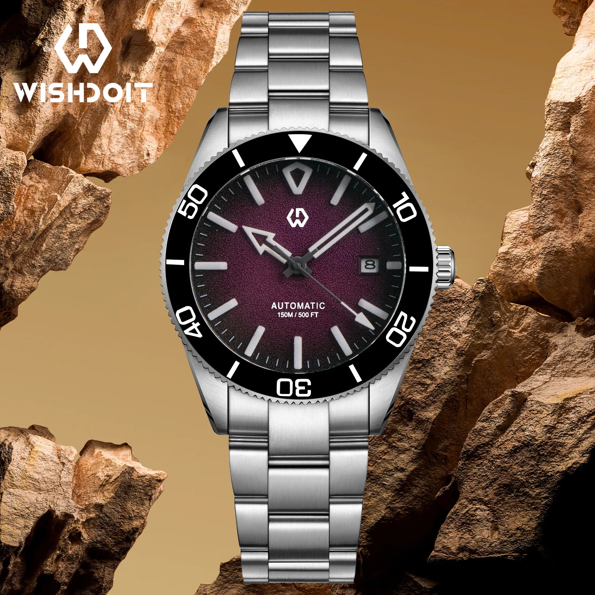 Wishdoit Watches Round Affordable aqua storm Automatic diver watch with 3D luminous needles ceramic bezel |316L Stainless Steel|purple