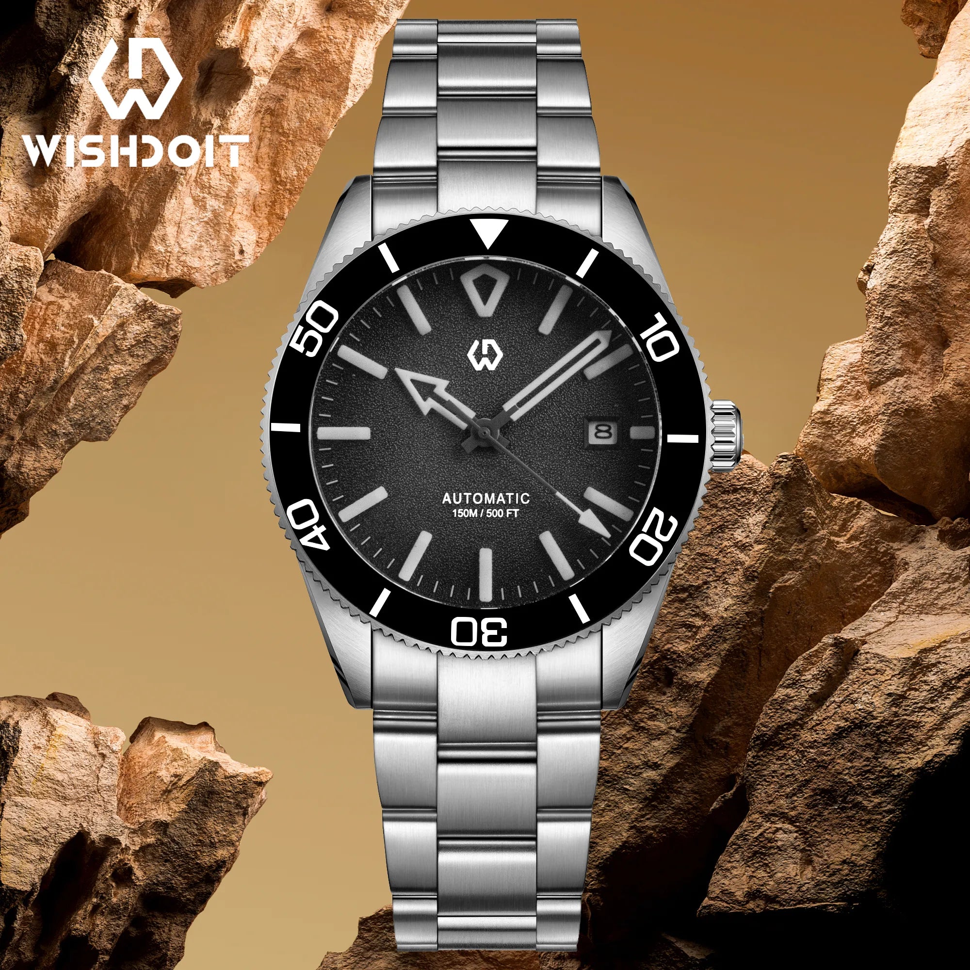 Wishdoit Watches Round Affordable aqua storm Automatic diver watch with 3D luminous needles ceramic bezel |316L Stainless Steel|black