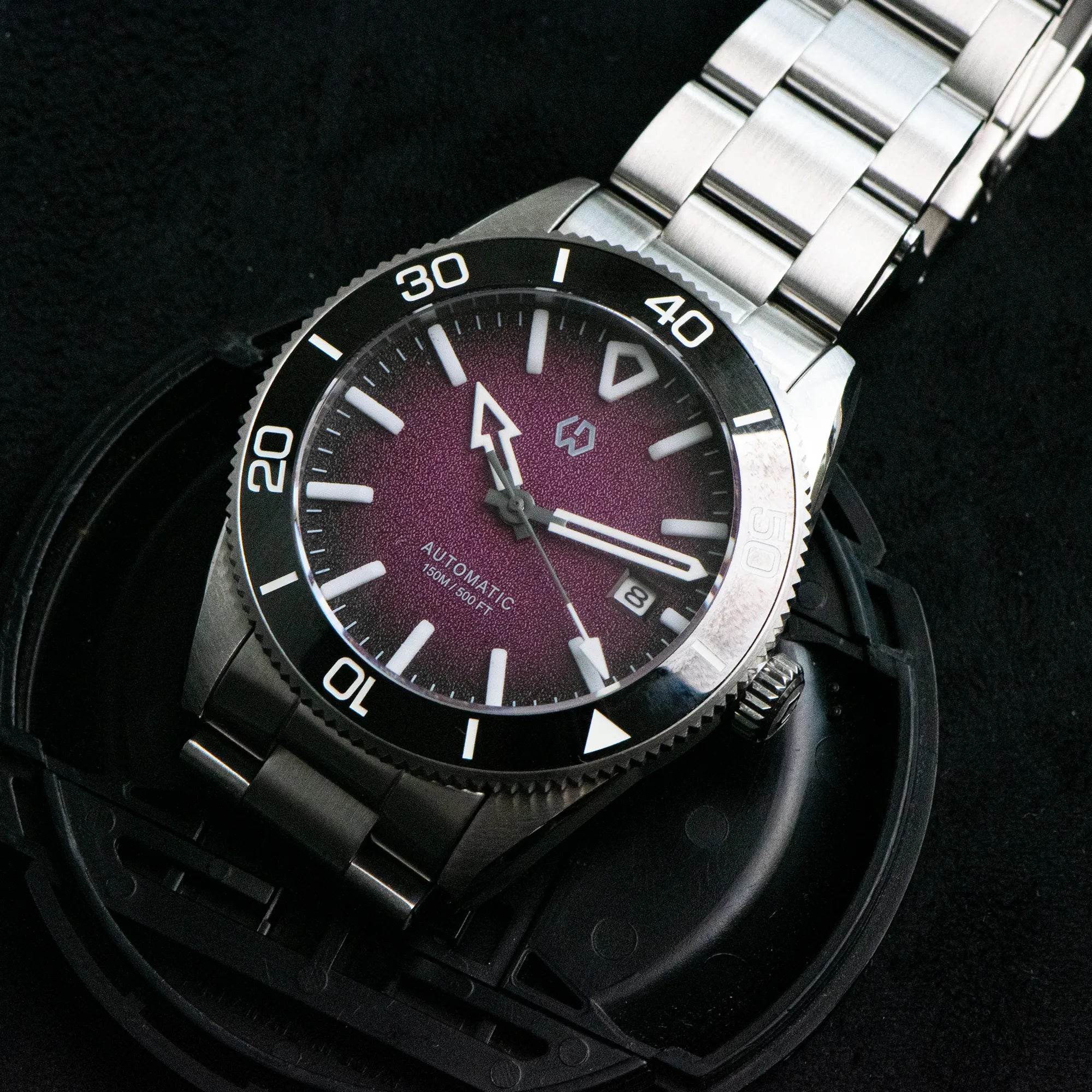 Wishdoit Watches Round Affordable aqua storm Automatic diver watch with 3D luminous needles ceramic bezel |316L Stainless Steel|purple