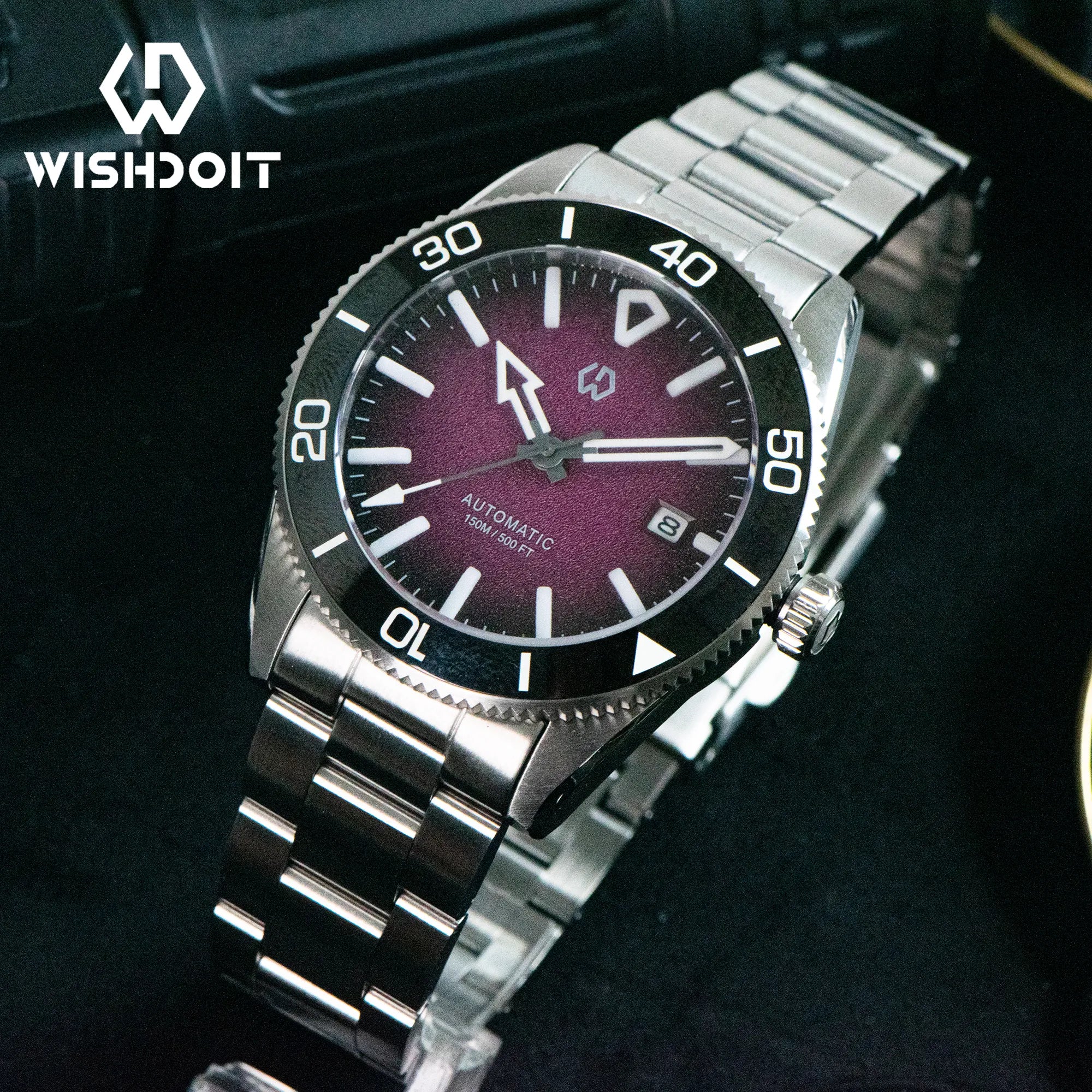 Wishdoit Watches Round Affordable aqua storm Automatic diver watch with 3D luminous needles ceramic bezel |316L Stainless Steel|purple