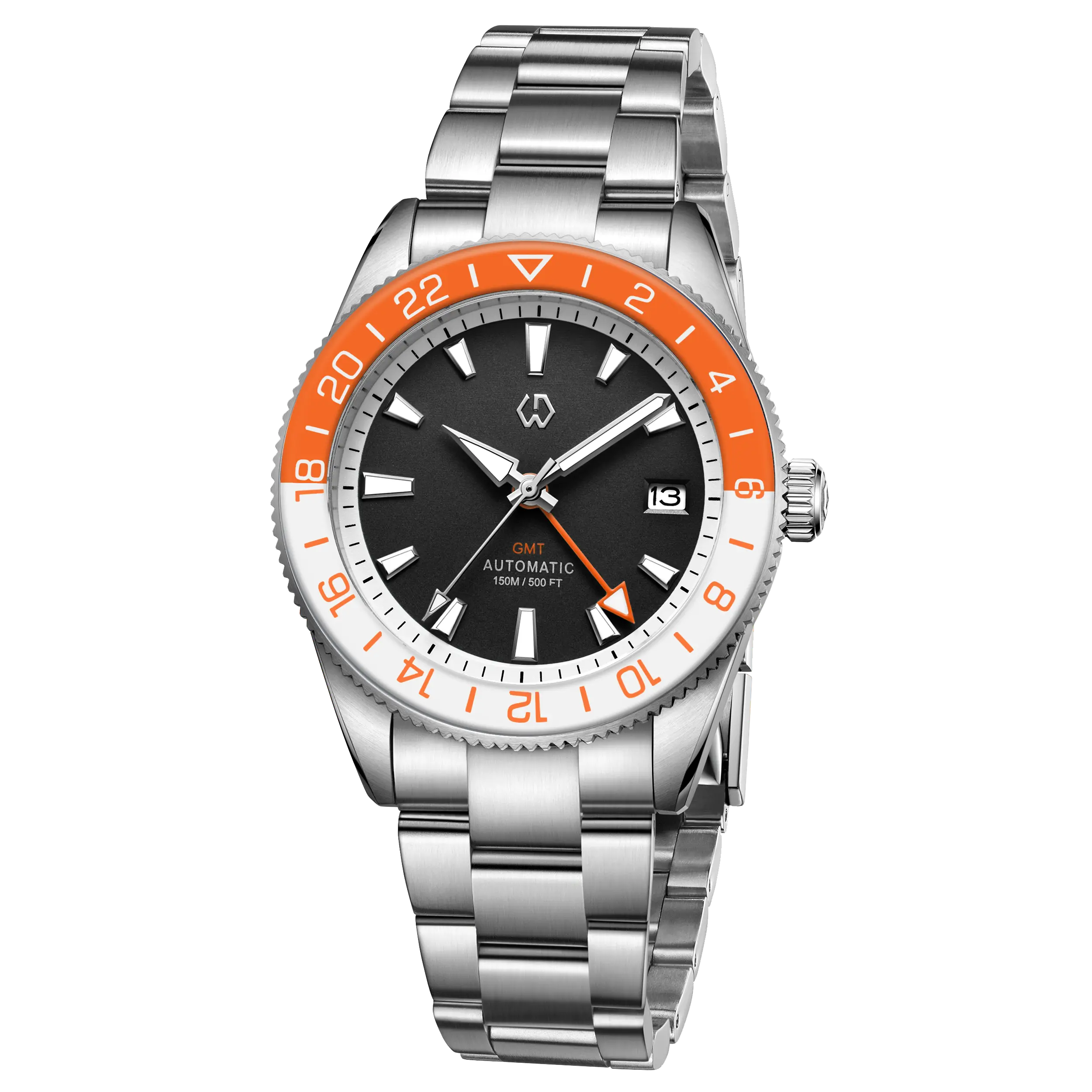 Wishdoit Watches Round Affordable Automatic Mechanical abyss voyager GMT automatic diver Watch | 316L Stainless Steel|coral flame(orange dial)
