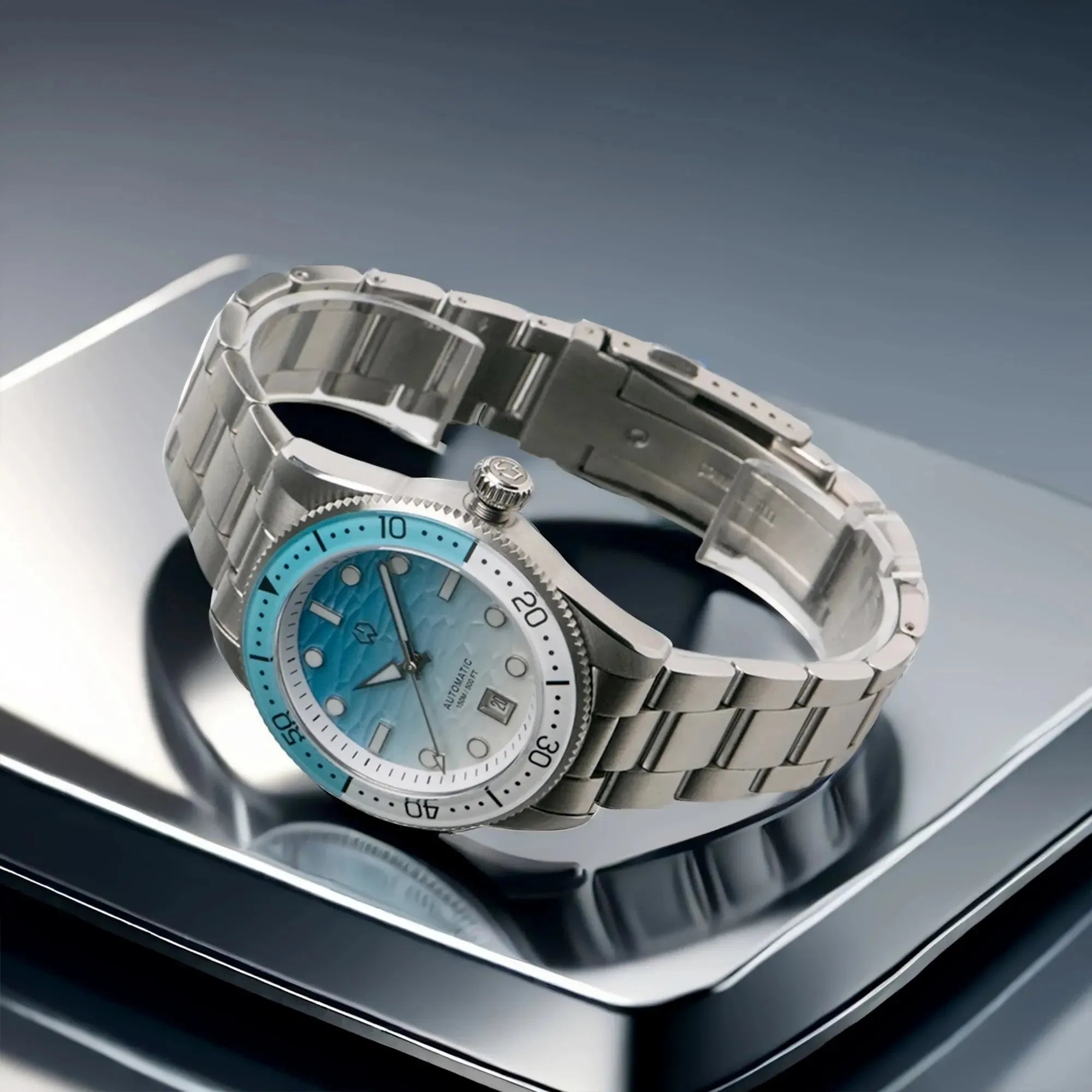 Wishdoit Watches Round Affordable tidewave Automatic diver watch with gradient wave | 316L Stainless Steel|blue