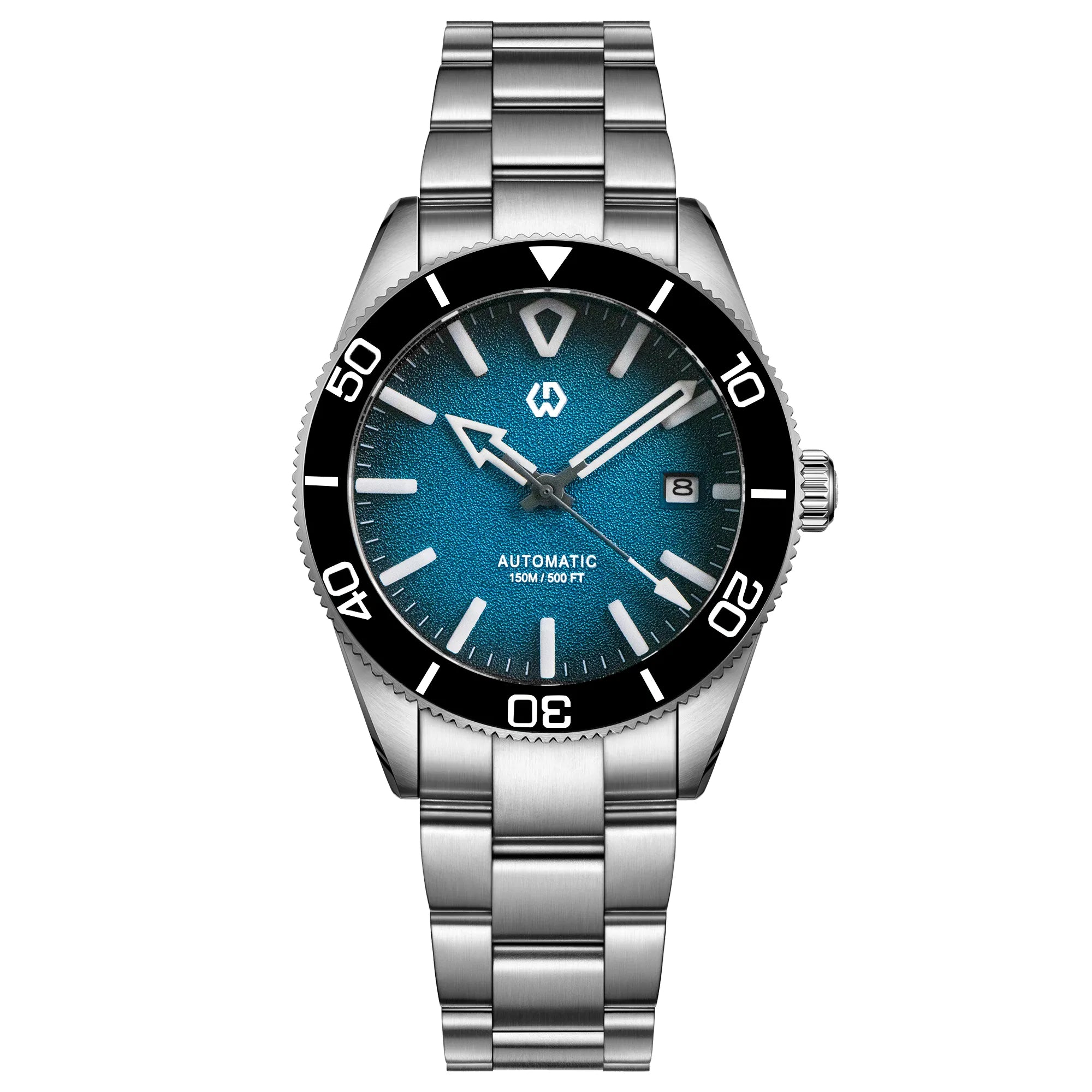 Wishdoit Watches Round Affordable aqua storm Automatic diver watch with 3D luminous needles ceramic bezel |316L Stainless Steel|light blue