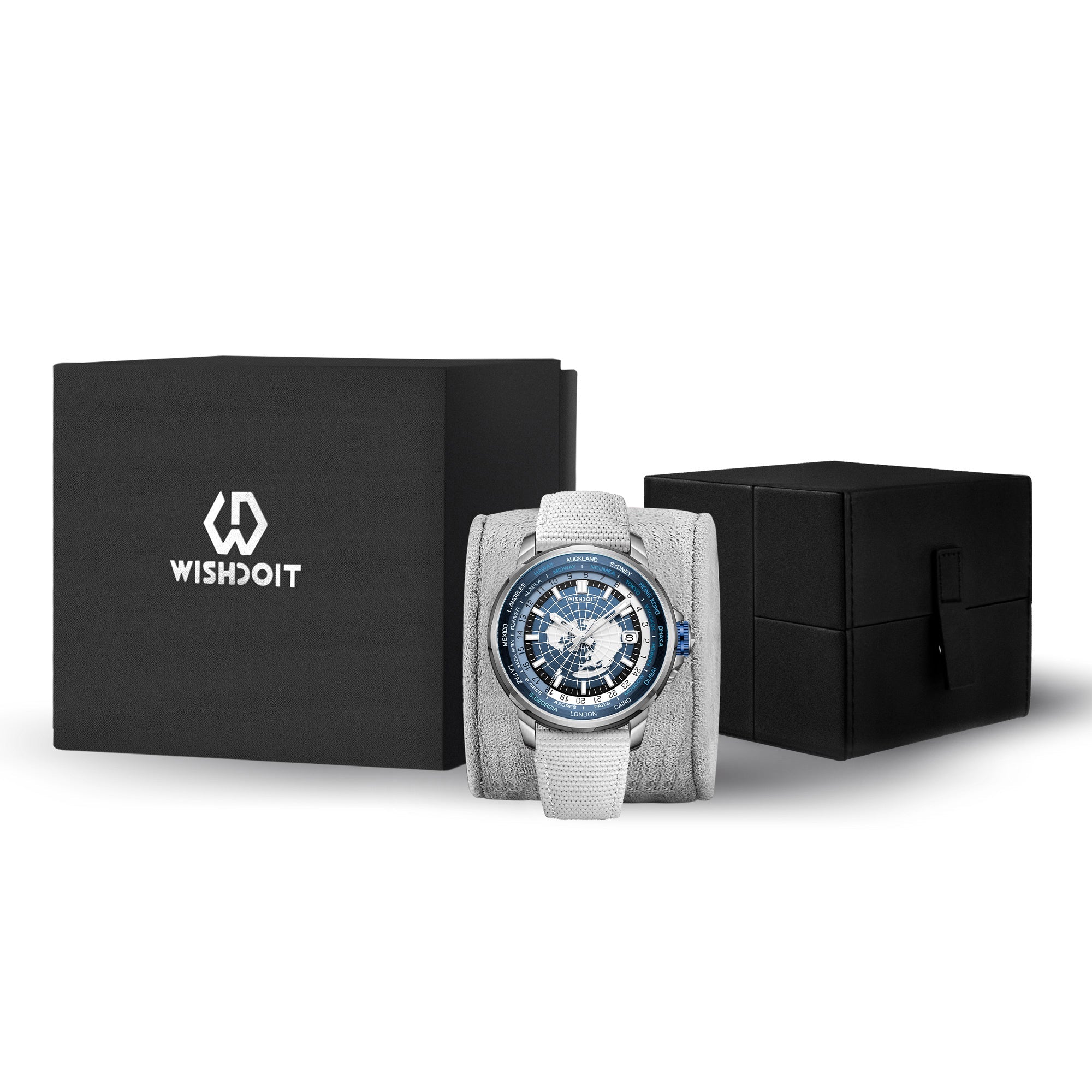 Wishdoit Watches Round Affordable Automatic Mechanical World Time GMT Sapphire Watch | Nylon Genuine Leather Watch Strap| Silvery (White Strap)