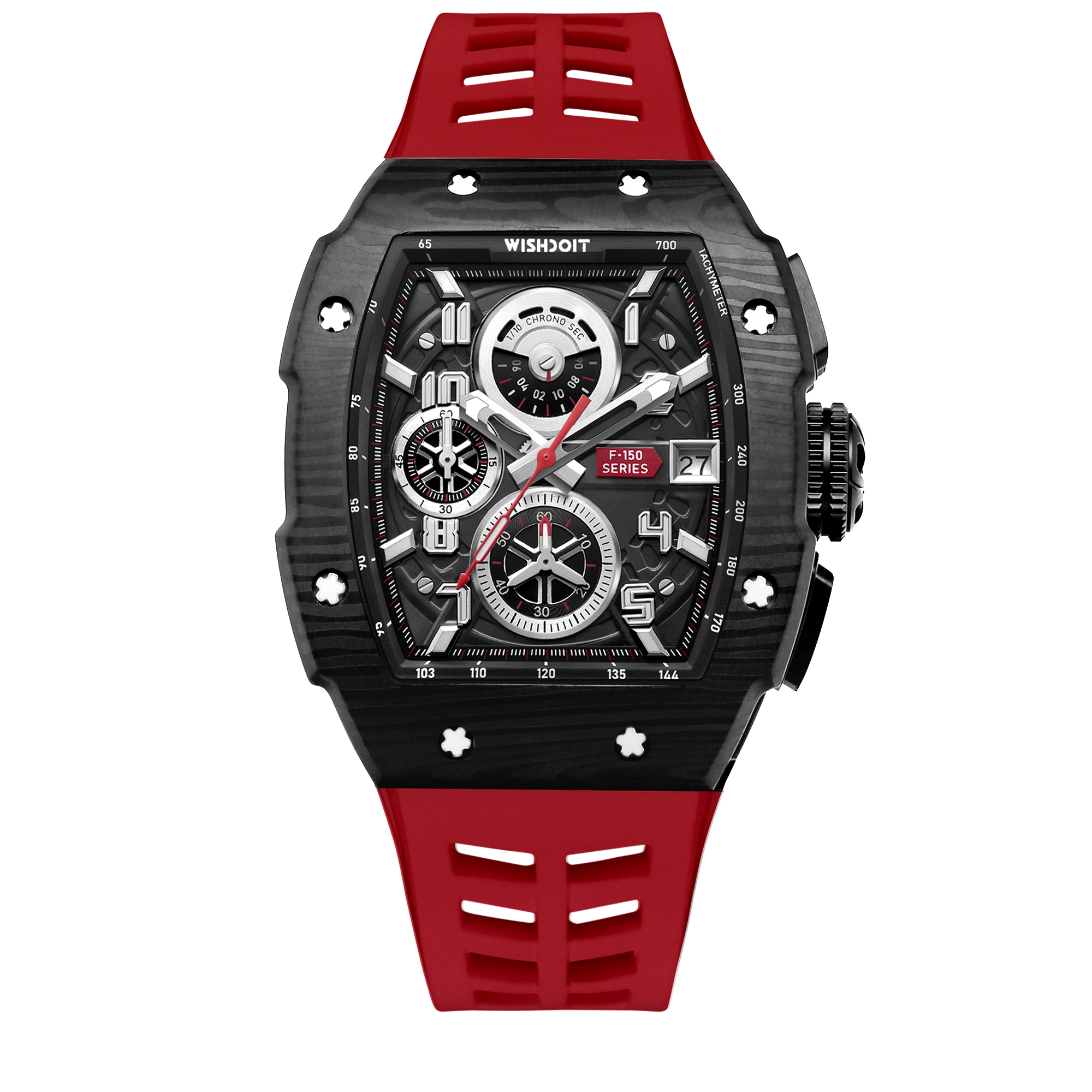 Wishdoit Watches Tonneau Affordable Best Men Chronograph F-150 Racing Watch | Fluorine Rubber Watch Strap|Black (Red Strap)