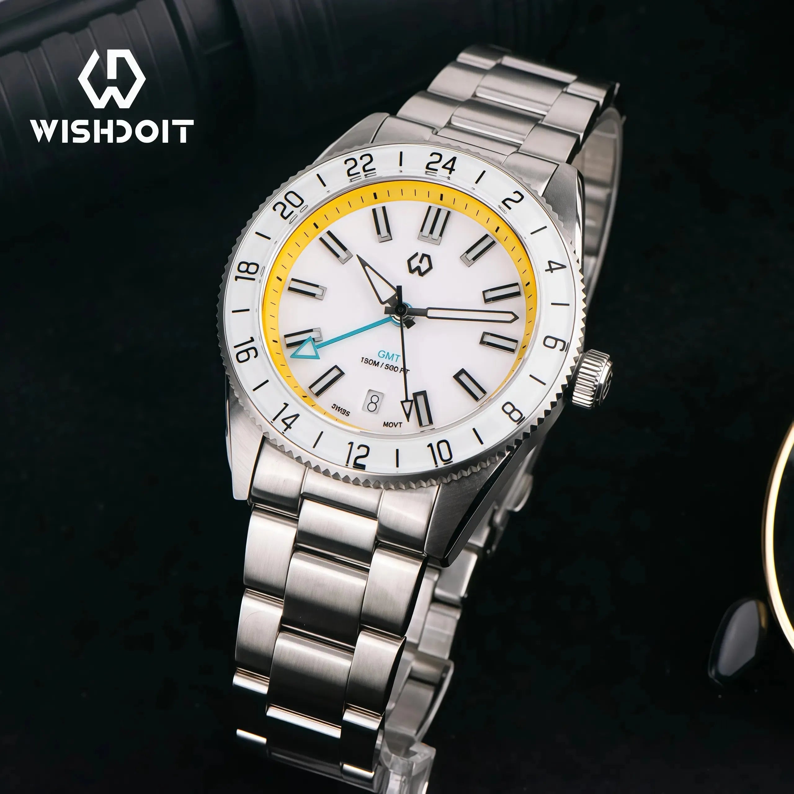 Wishdoit Watches Round Affordable Ocean Edge GMT Swiss RONDA movement Quartz Diver Watch|316L Stainless Steel|Yellow Dive