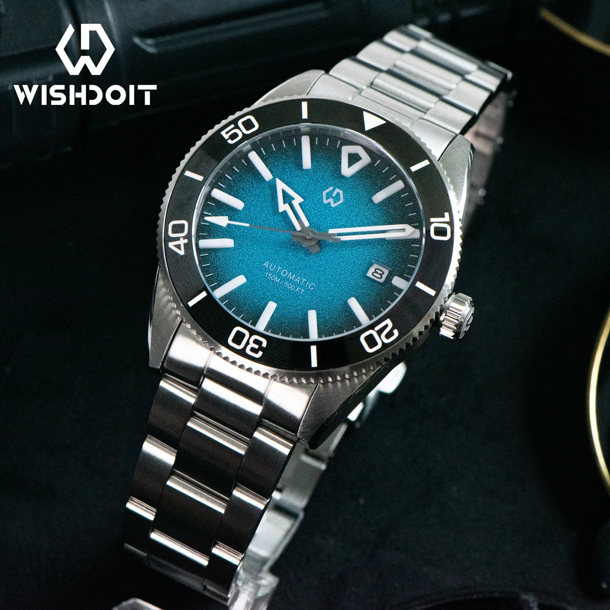 Wishdoit Watches Round Affordable aqua storm Automatic diver watch with 3D luminous needles ceramic bezel |316L Stainless Steel|light blue