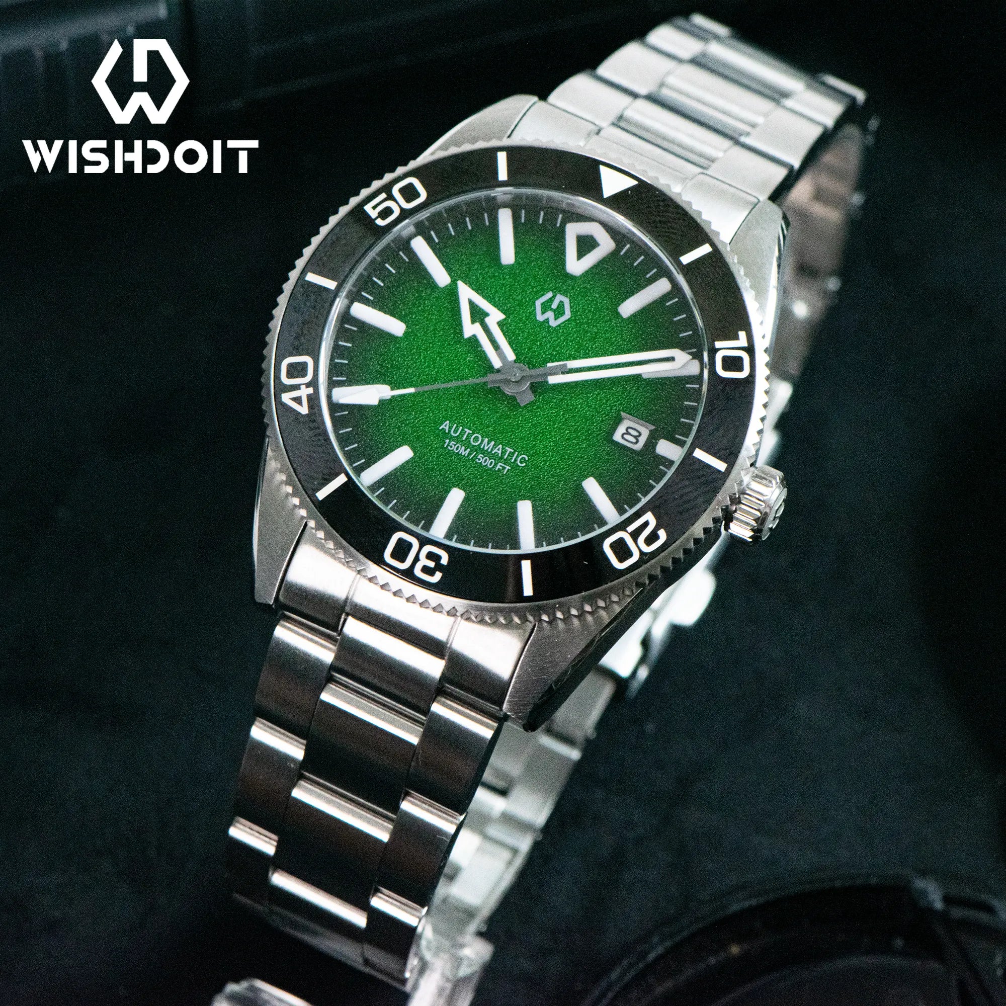 Wishdoit Watches Round Affordable aqua storm Automatic diver watch with 3D luminous needles ceramic bezel |316L Stainless Steel|green