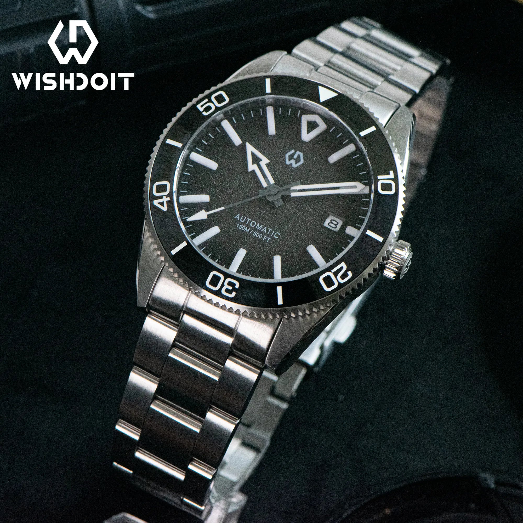 Wishdoit Watches Round Affordable aqua storm Automatic diver watch with 3D luminous needles ceramic bezel |316L Stainless Steel|black