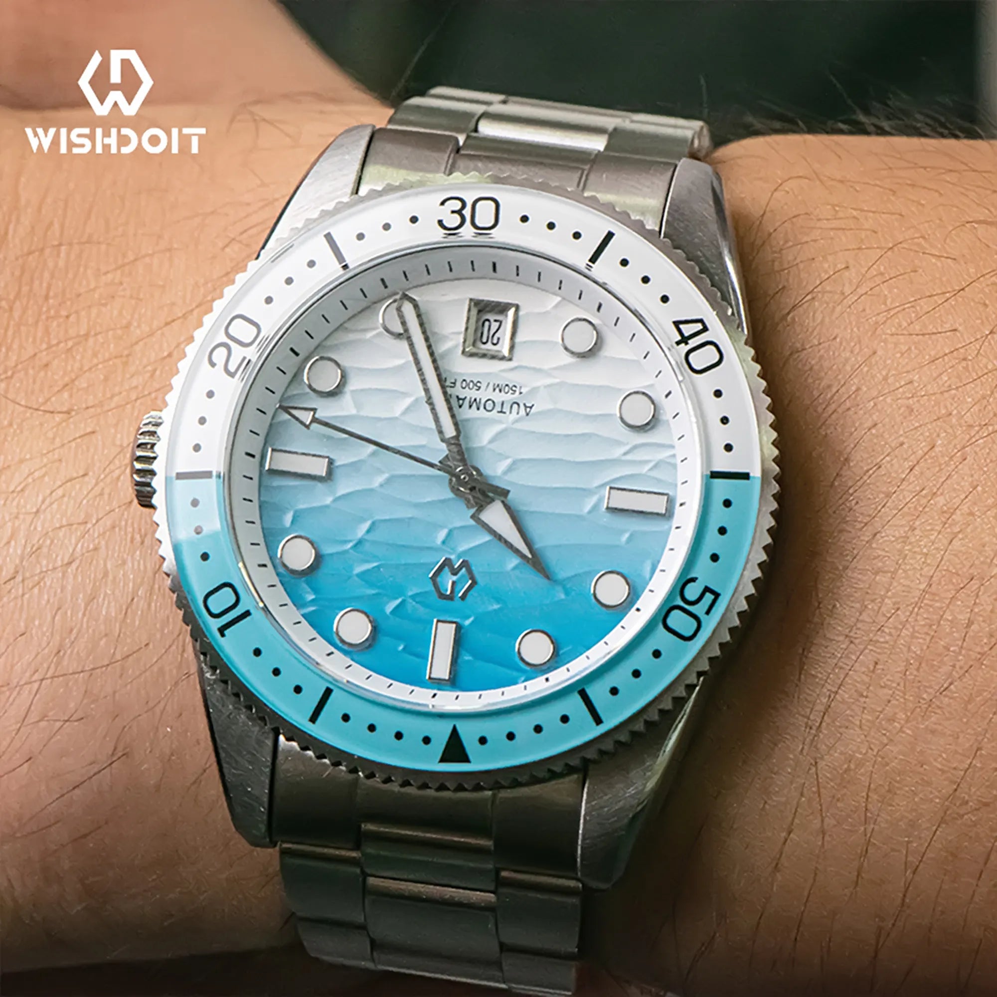 Wishdoit Watches Round Affordable tidewave Automatic diver watch with gradient wave | 316L Stainless Steel|blue