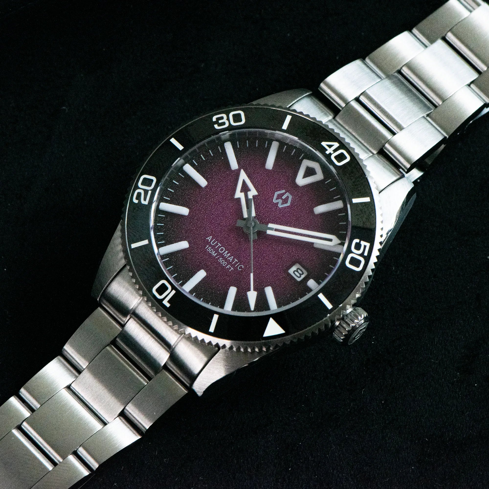 Wishdoit Watches Round Affordable aqua storm Automatic diver watch with 3D luminous needles ceramic bezel |316L Stainless Steel|purple