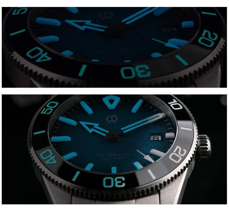 Wishdoit Watches Round Affordable aqua storm Automatic diver watch with 3D luminous needles ceramic bezel |316L Stainless Steel|light blue