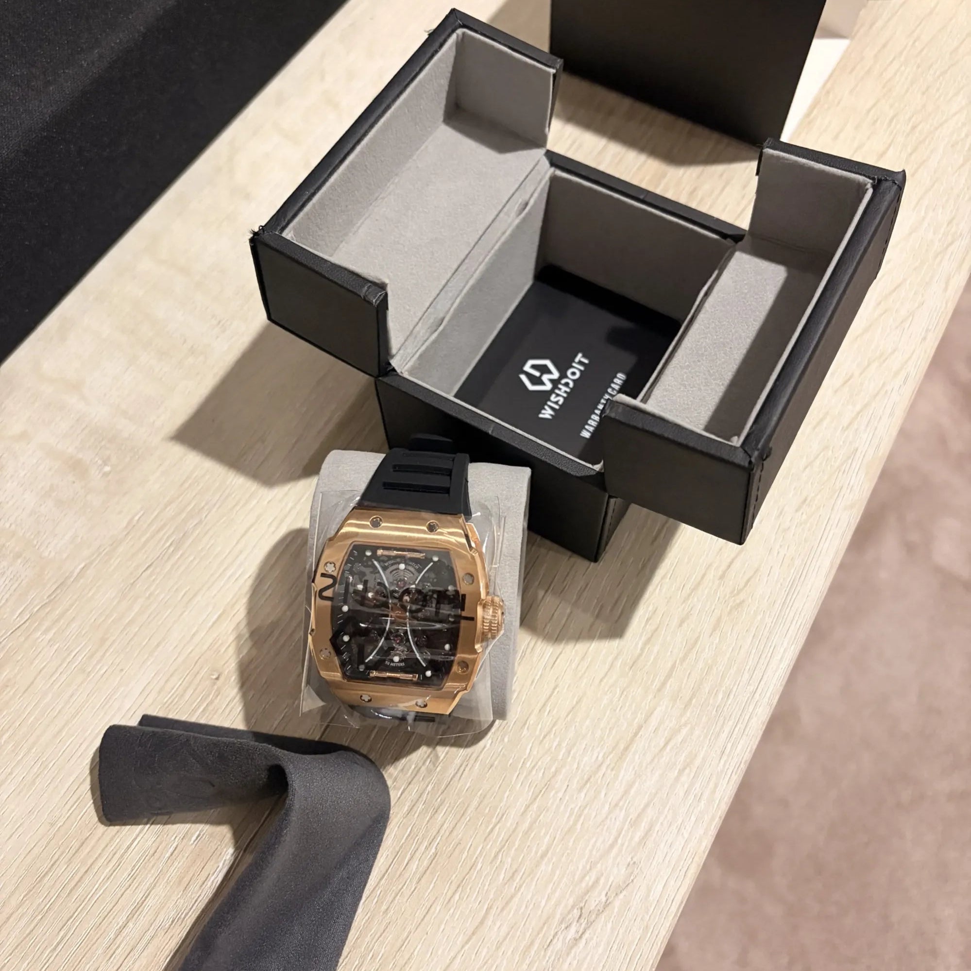 Wishdoit Watches Tonneau Affordable Best Men Hourglass Chronograph Skeleton| Fluorine Rubber Watch Strap|Rose Gold (Black Strap)