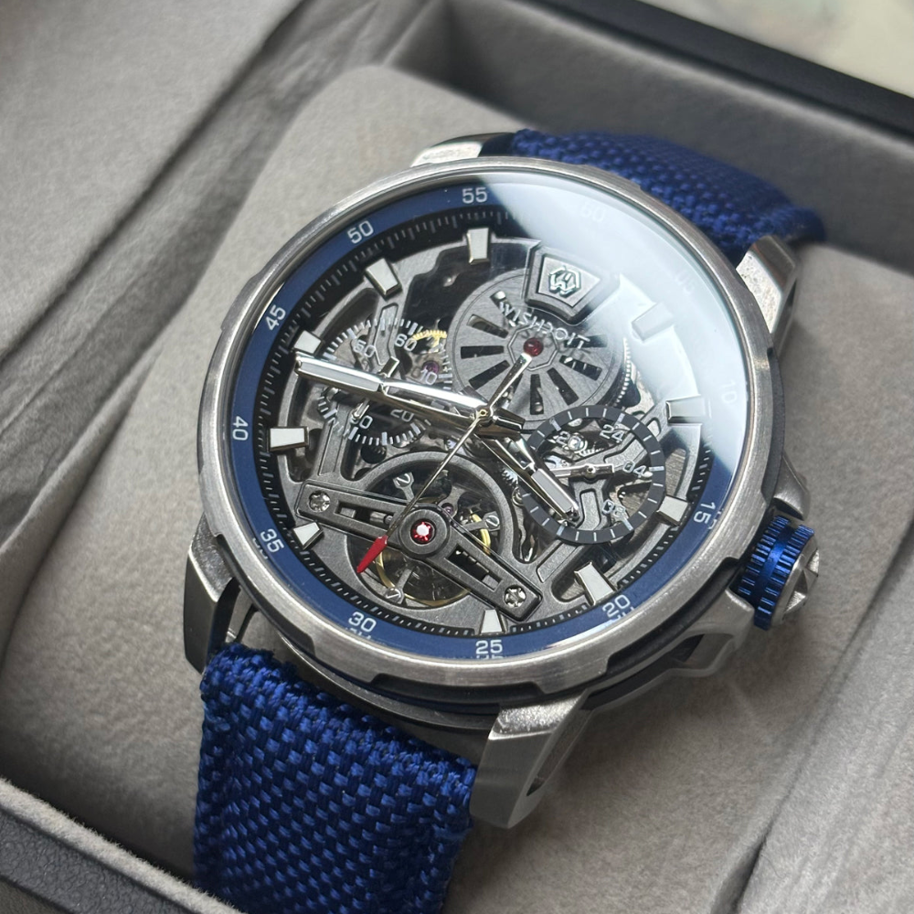 Wishdoit Watches Round Luxury Automatic Mechanical Aristos Sapphire Watch | Nylon Genuine Leather Watch Strap| Silvery (Blue Strap)
