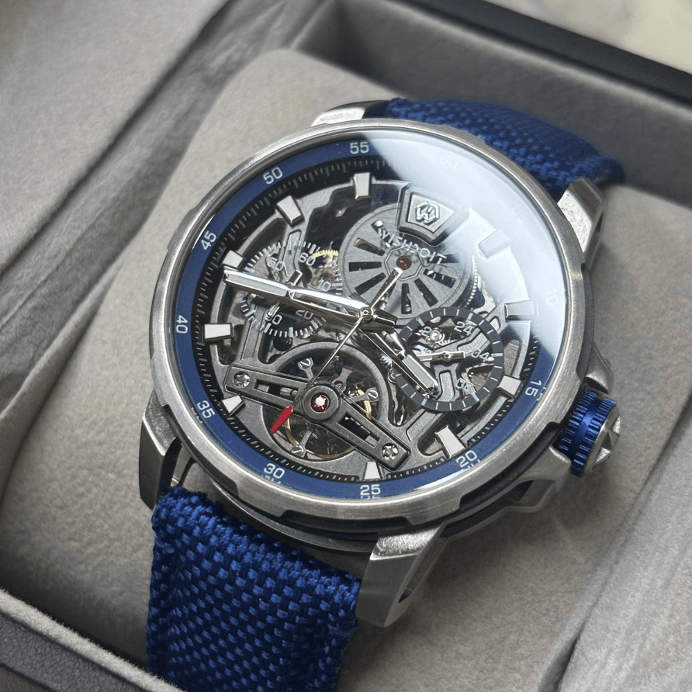 Wishdoit Watches Round Luxury Automatic Mechanical Aristos Sapphire Watch | Nylon Genuine Leather Watch Strap| Silvery (Blue Strap)