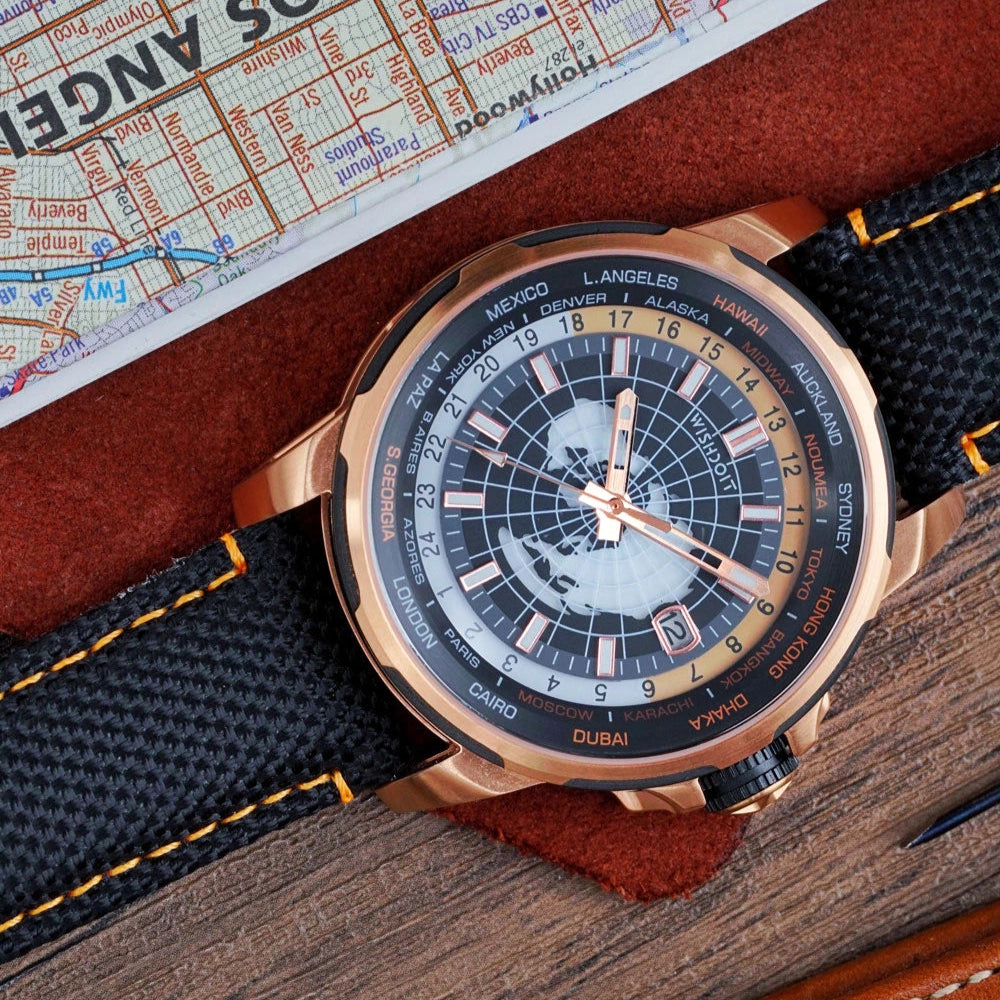 Wishdoit Watches Round Affordable Automatic Mechanical World Time GMT Sapphire Watch | Nylon Genuine Leather Watch Strap|Rose Gold