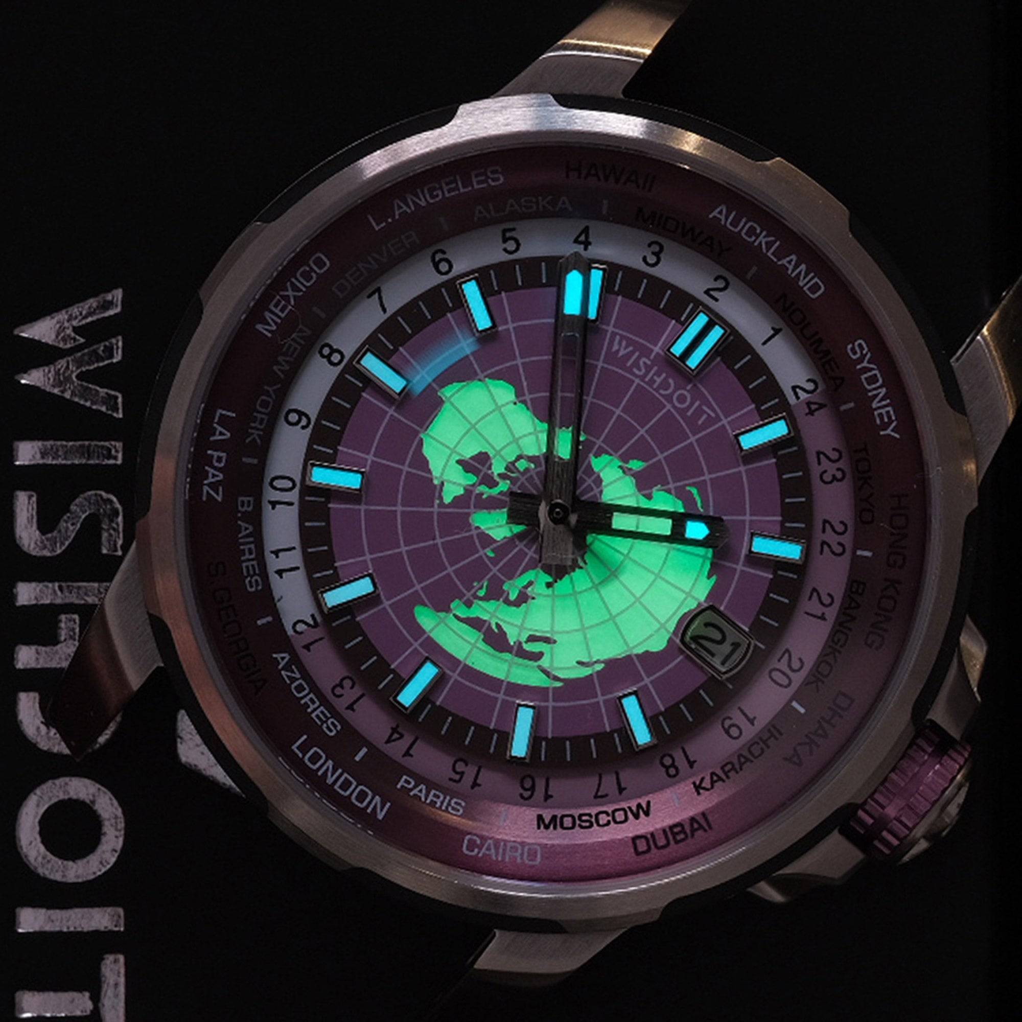 Luminous dial of the Eternal Earth Purple Watch by Wishdoit glowing in the dark, highlighting world map and hour markers for night visibility.
