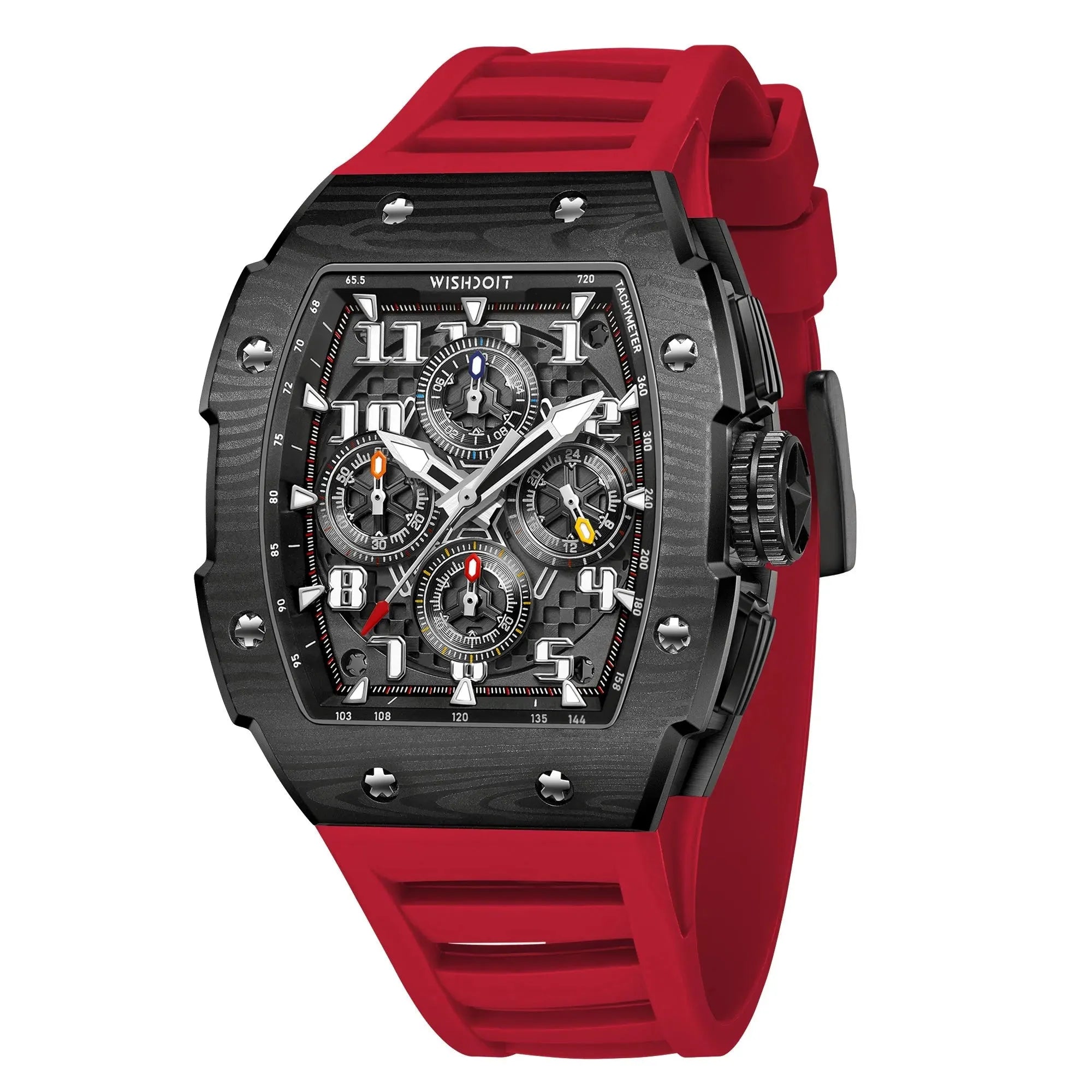 Wishdoit Watches Tonneau Affordable Best Men Chronograph GT 2.0 Racing Watch | Fluorine Rubber Watch Strap|Black (Red Strap),WSD9972:EG,