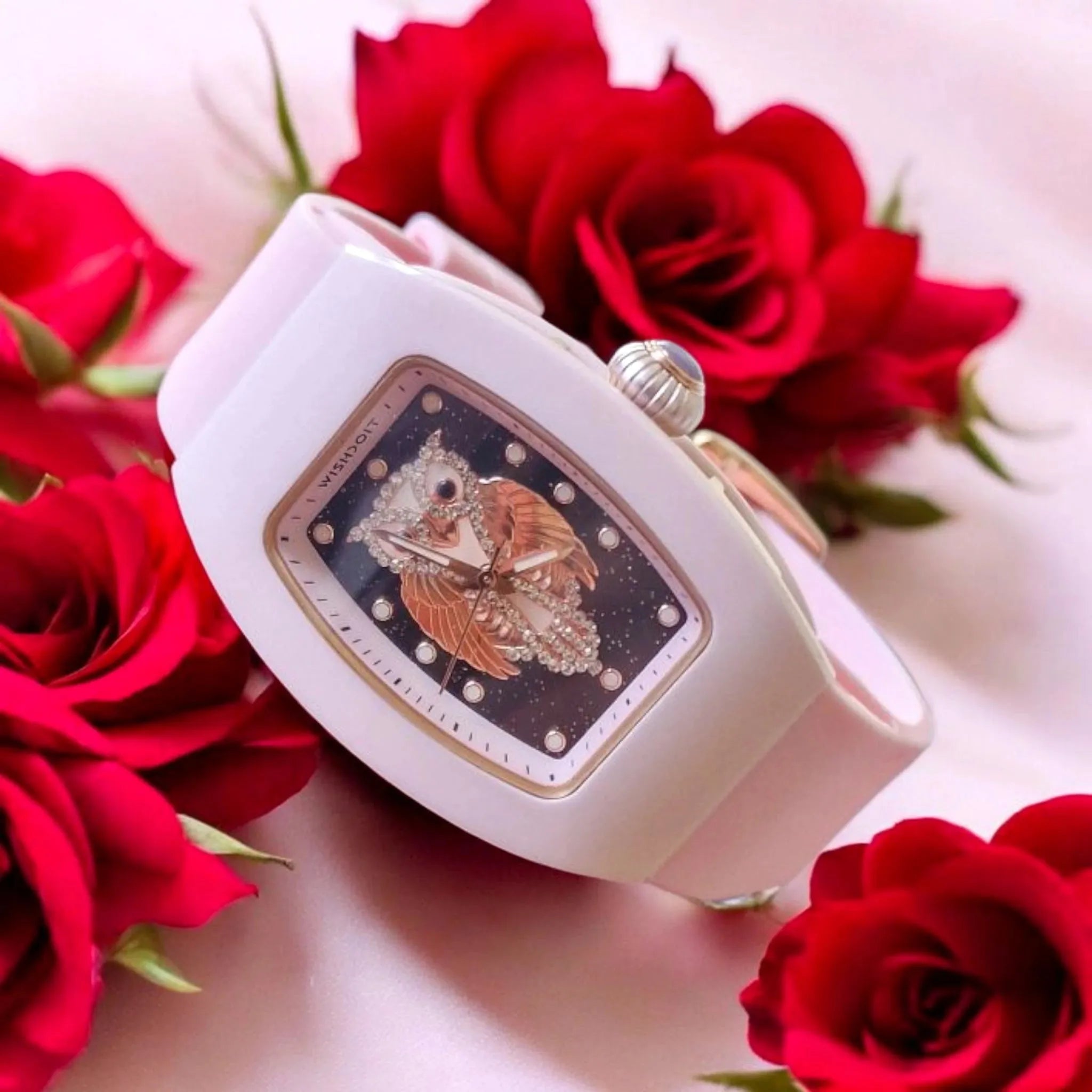 Wishdoit Watches Tonneau Affordable Best Women Chronograph l Owl Women's Ceramic Watches|Starry Dial|Fluorine Rubber Watch StraplWhite (White Strap)