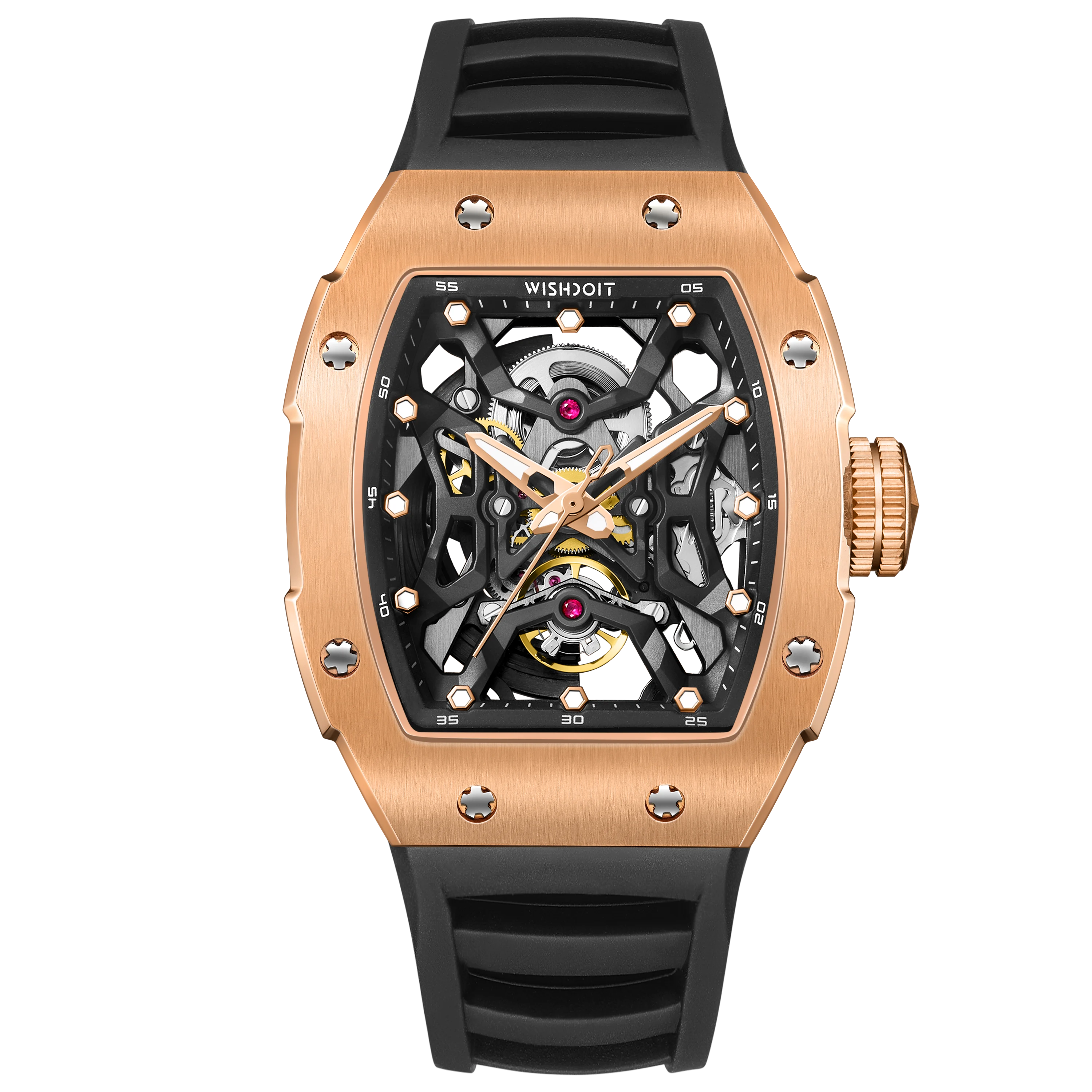 Wishdoit Watches Tonneau Luxury Automatic Mechanical Aerial Prism Skeleton watch | Fluorine Rubber Watch Strap|Rose Gold (Black Strap)