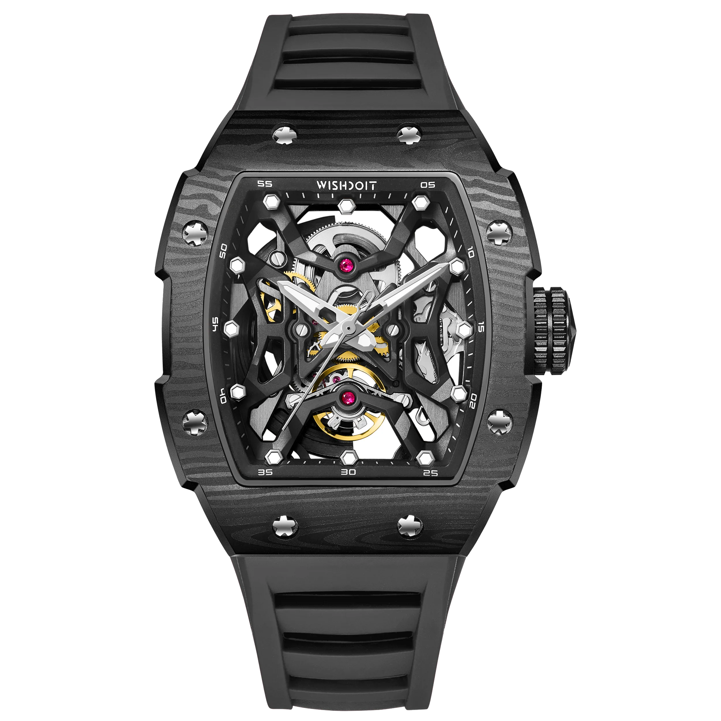 Wishdoit Watches Tonneau Luxury Automatic Mechanical Aerial Prism Skeleton watch | Fluorine Rubber Watch Strap|Black (Black Strap)