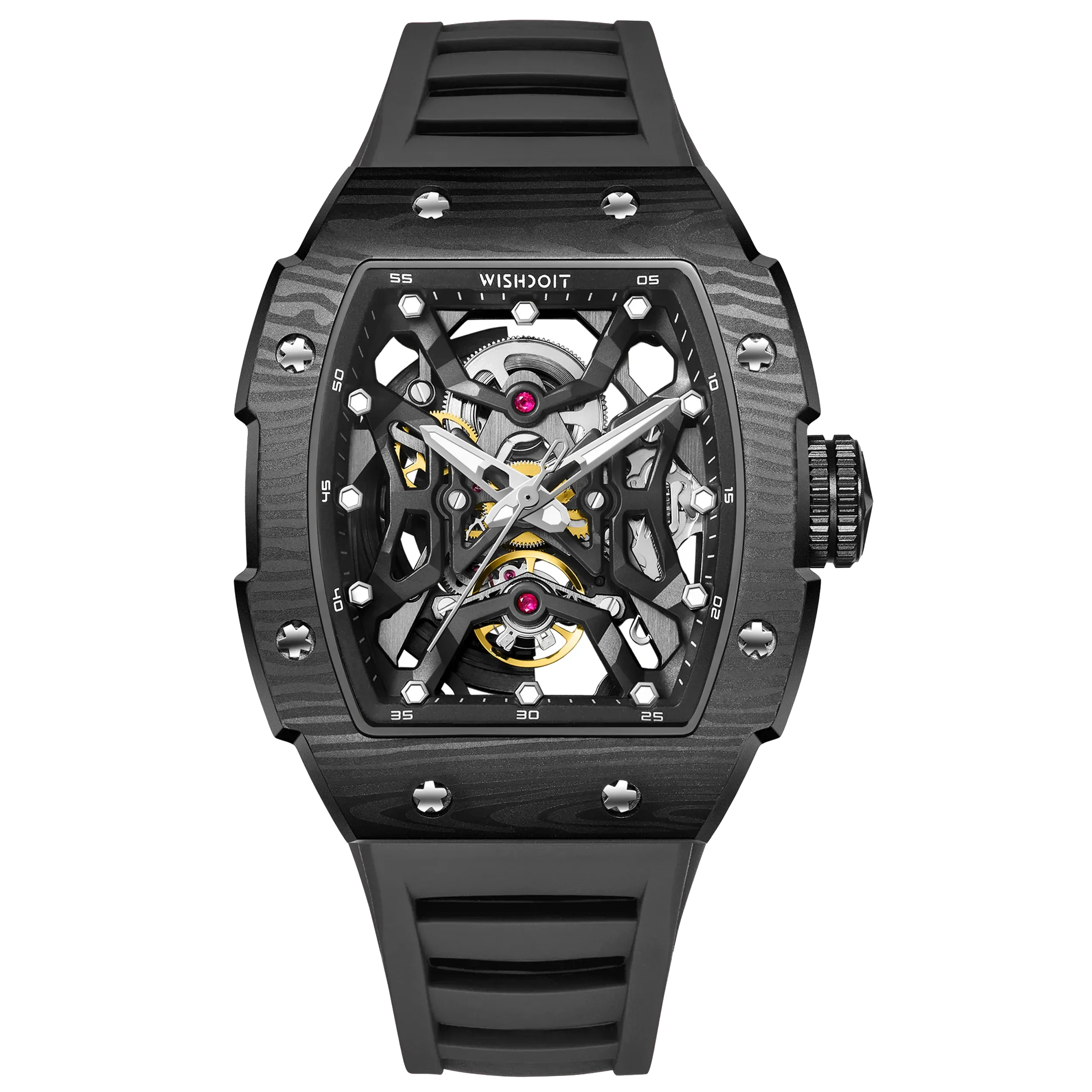 Wishdoit Watches Tonneau Luxury Automatic Mechanical Aerial Prism Skeleton watch | Fluorine Rubber Watch Strap|Black (Black Strap)