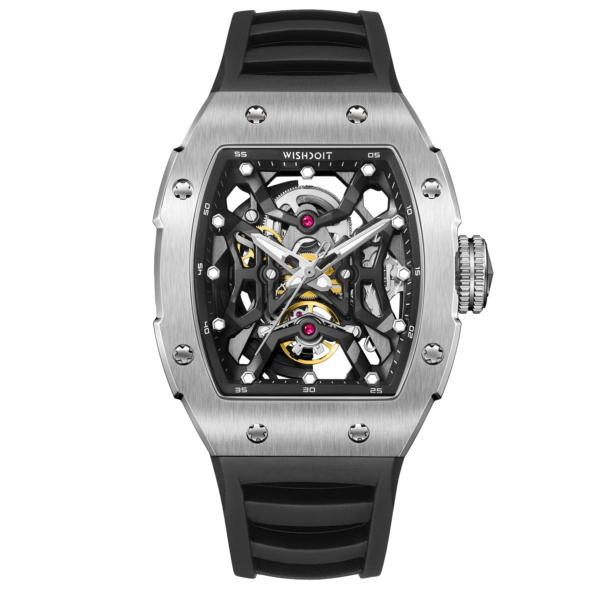 Wishdoit Watches Tonneau Luxury Automatic Mechanical Aerial Prism Skeleton watch | Fluorine Rubber Watch Strap|Silvery (Black Strap)